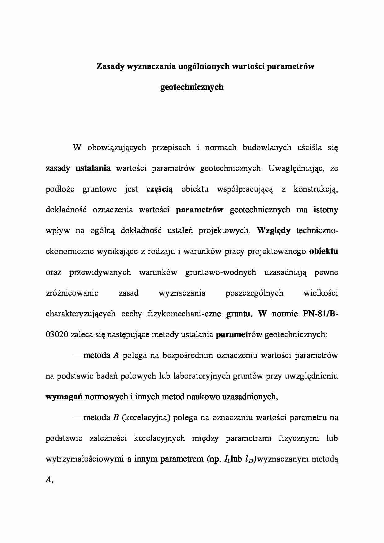 Zasady wyznaczania uogólnionych wartości parametrów geotechnicznych - wykład - strona 1