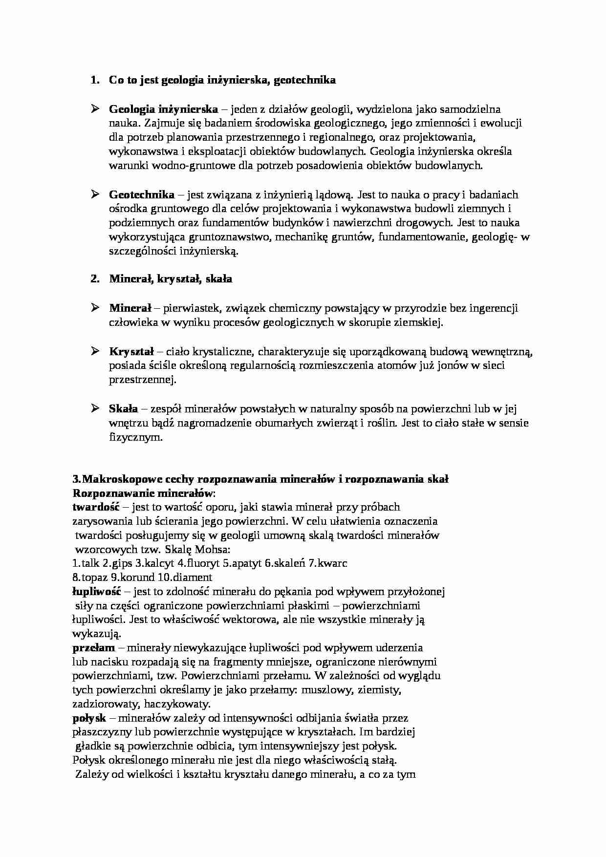 Geologia inżynierska-zagadnienia na egzamin - strona 1