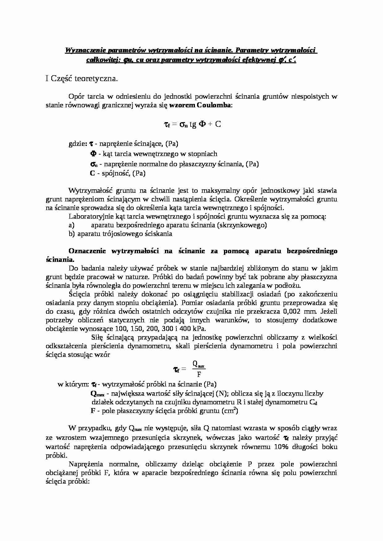 Wyznaczanie parametrów wytrzymałości na ścinanie-opracowanie - strona 1
