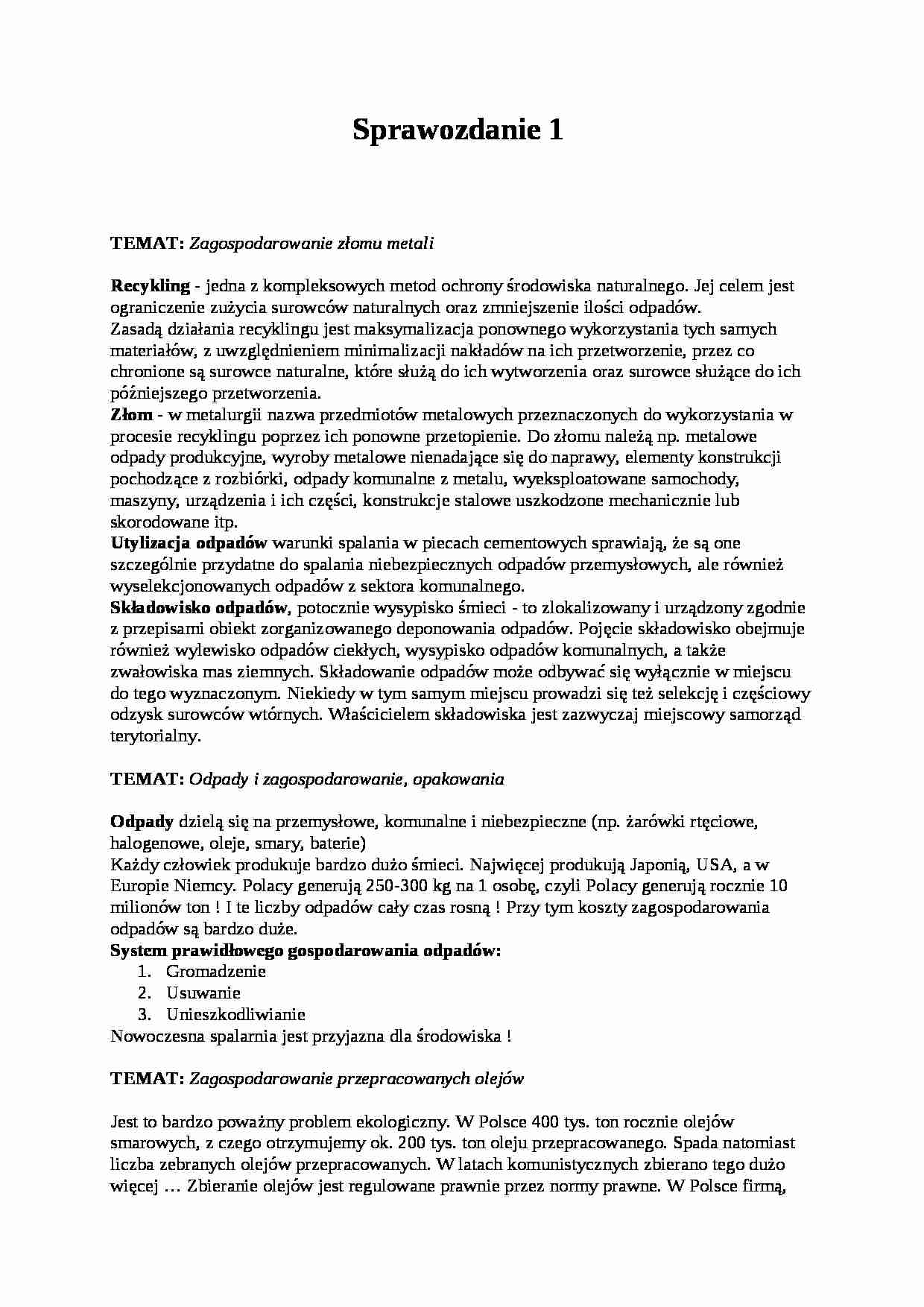 Zagospodarowanie złomu metali-sprawozdanie - strona 1