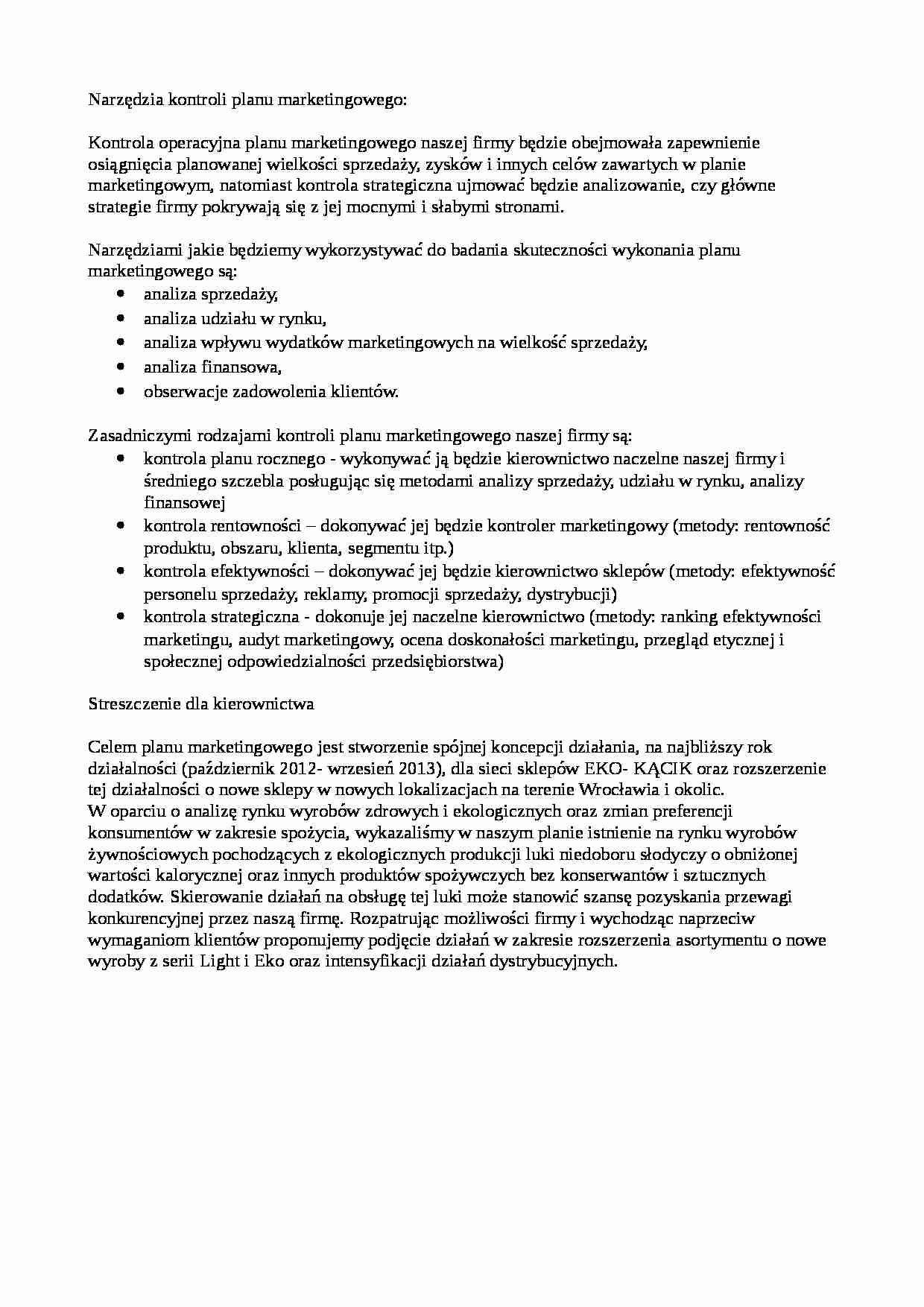 Narzędzia kontroli planu marketingowego-opracowanie - strona 1