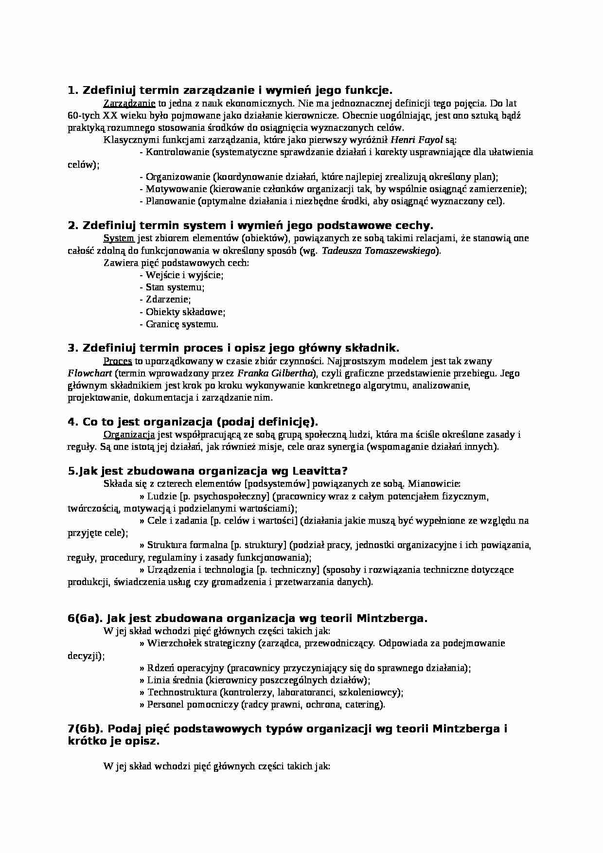 Podstawy zarządzania i organizacji-zagadnienia i odpowiedzi - strona 1