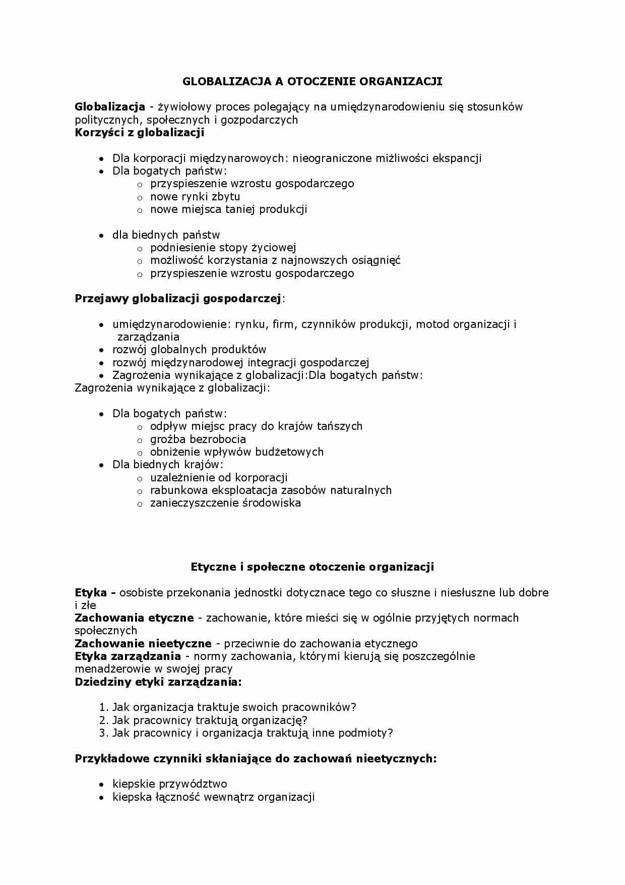 Globalizacja a otoczenie organizacji-opracowanie - strona 1