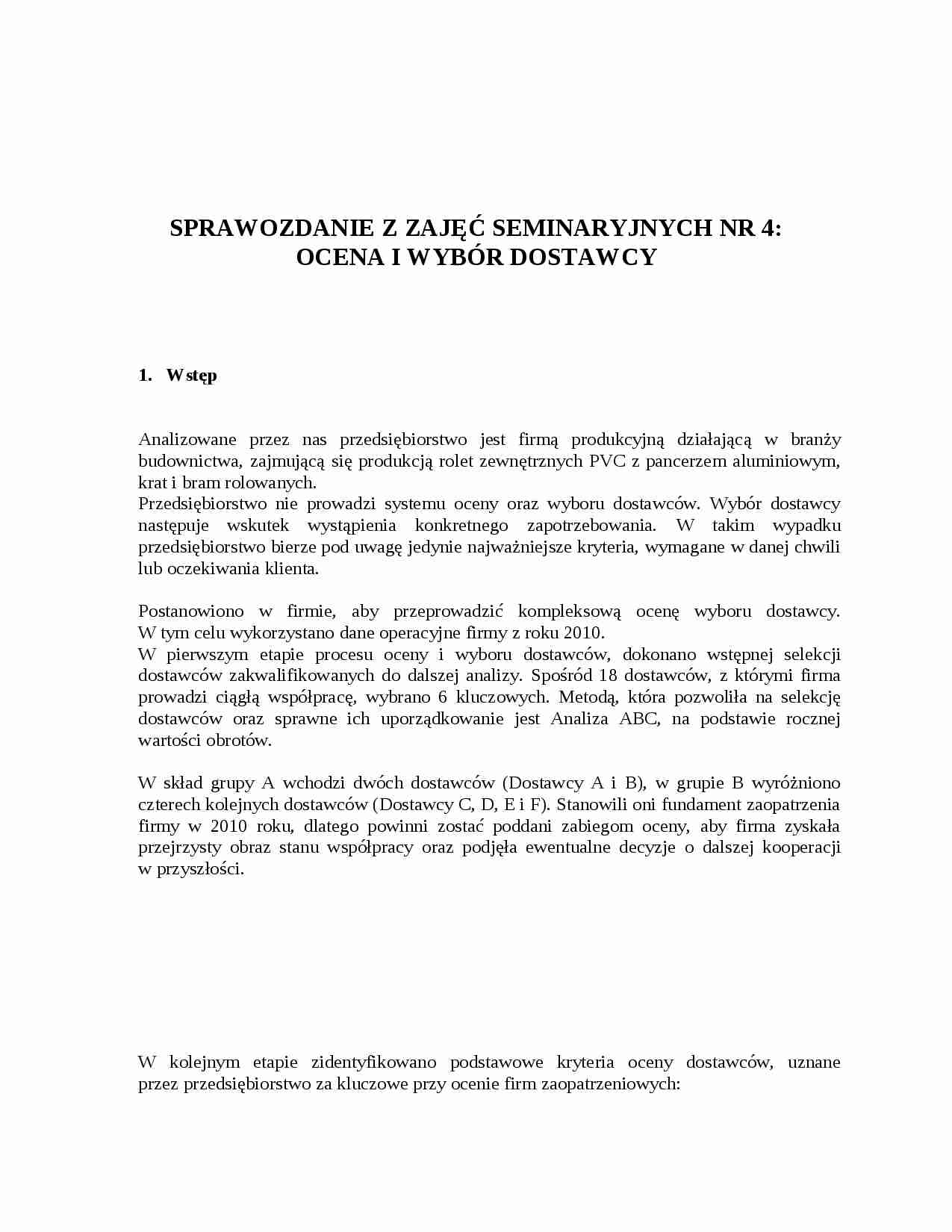 Ocena i wybór dostawcy-sprawozdanie - strona 1
