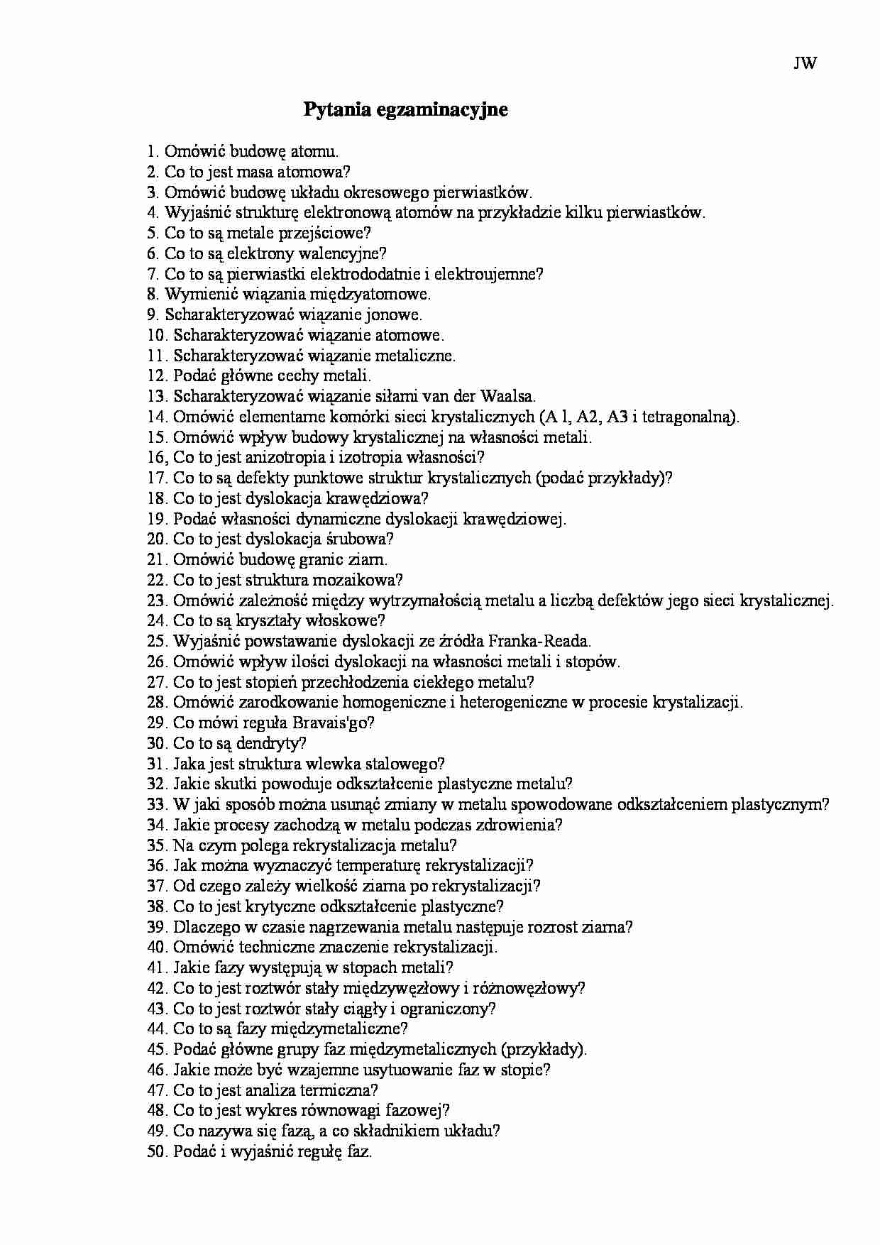 Materiałoznawstwo z elementami chemii-pytania egzaminacyjne - strona 1