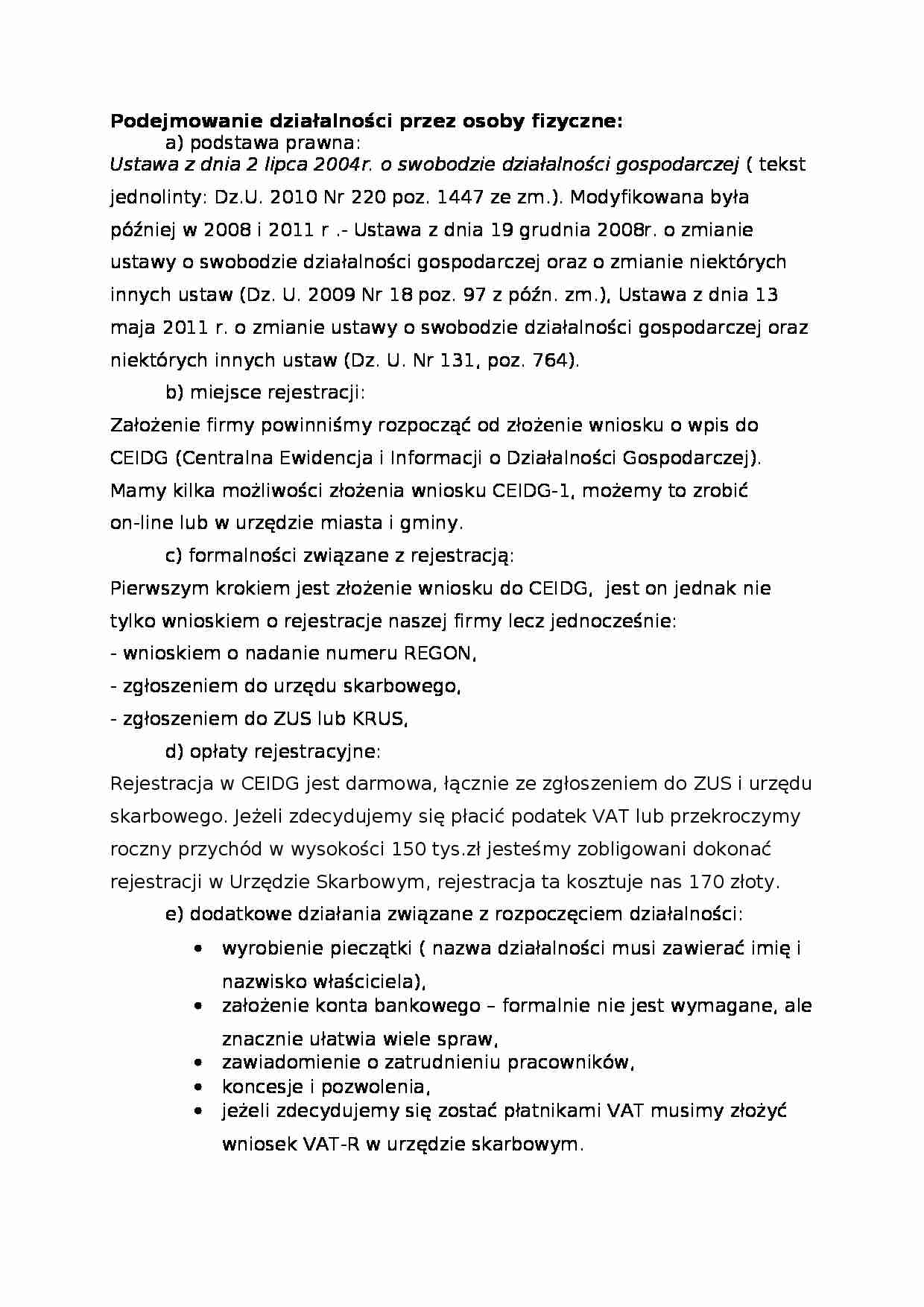 Podejmowanie działalności przez osoby fizyczne-opracowanie - strona 1