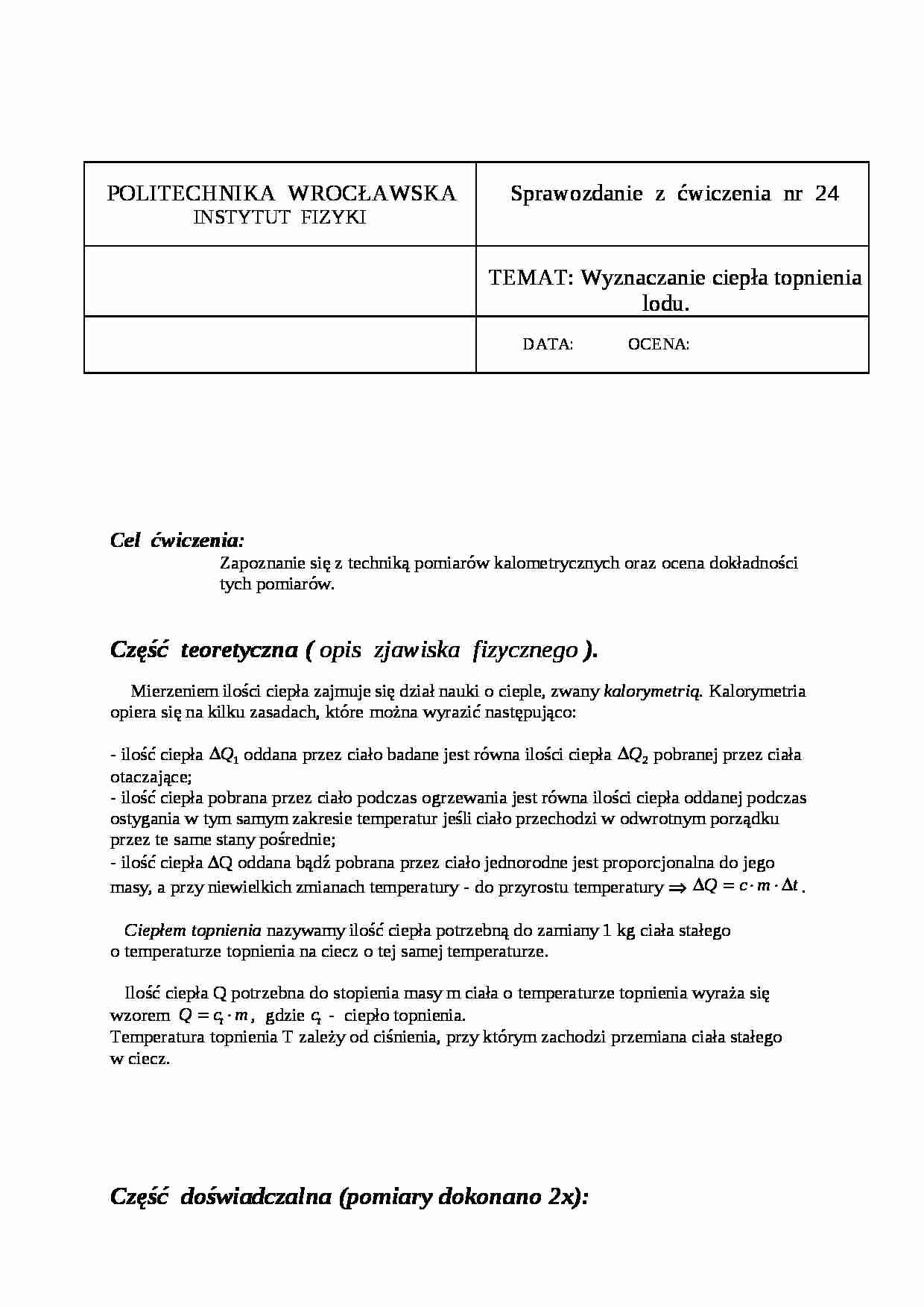 Wyznaczanie ciepła topnienia lodu-opracowanie - strona 1