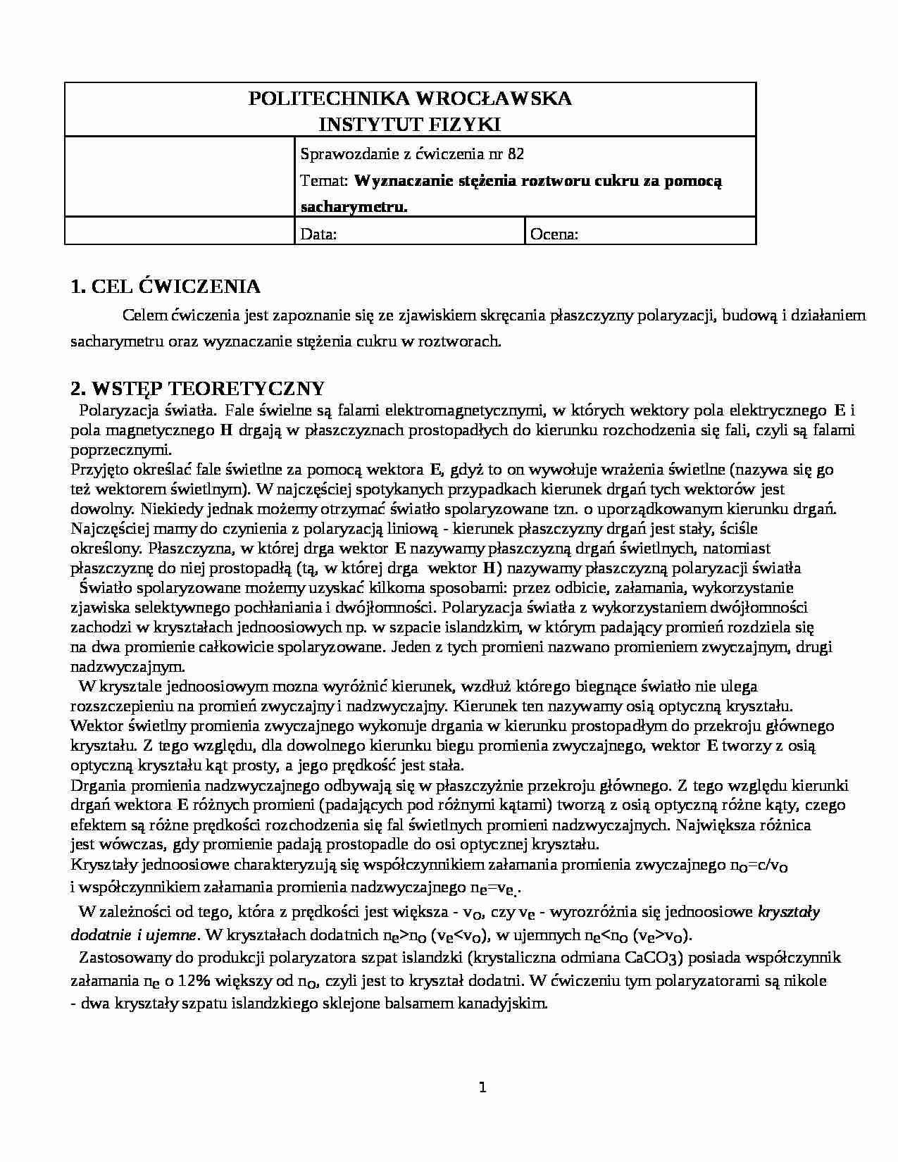 Wyznaczanie stężenia roztworu cukru za pomocą sacharymetru-opracowanie - strona 1