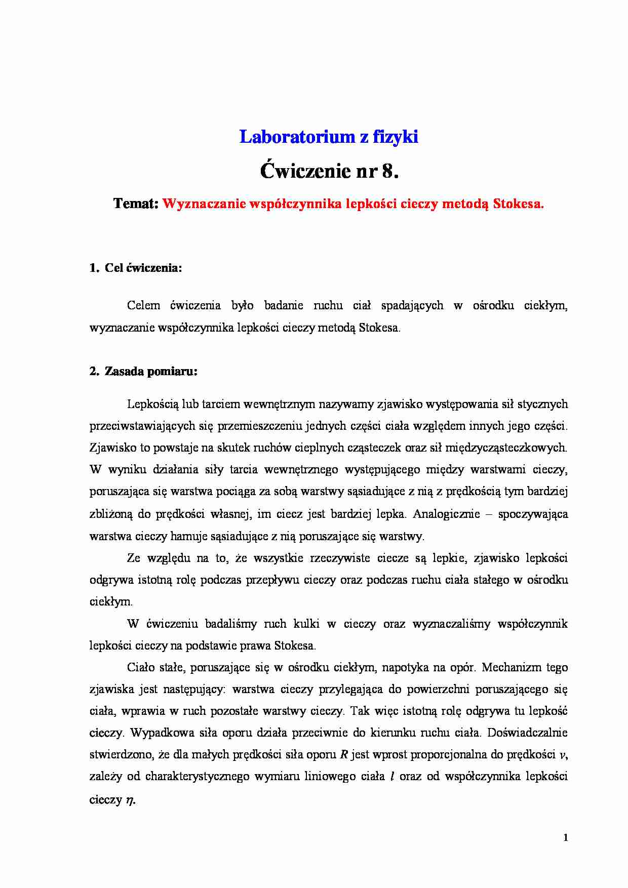Wyznaczanie współczynnika lepkości cieczy metodą Stokesa-opracowanie - strona 1