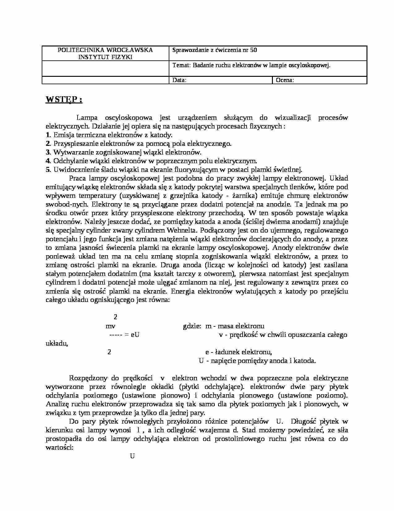 Badanie ruchu elektronów w lampie oscyloskopowej-opracowanie - strona 1