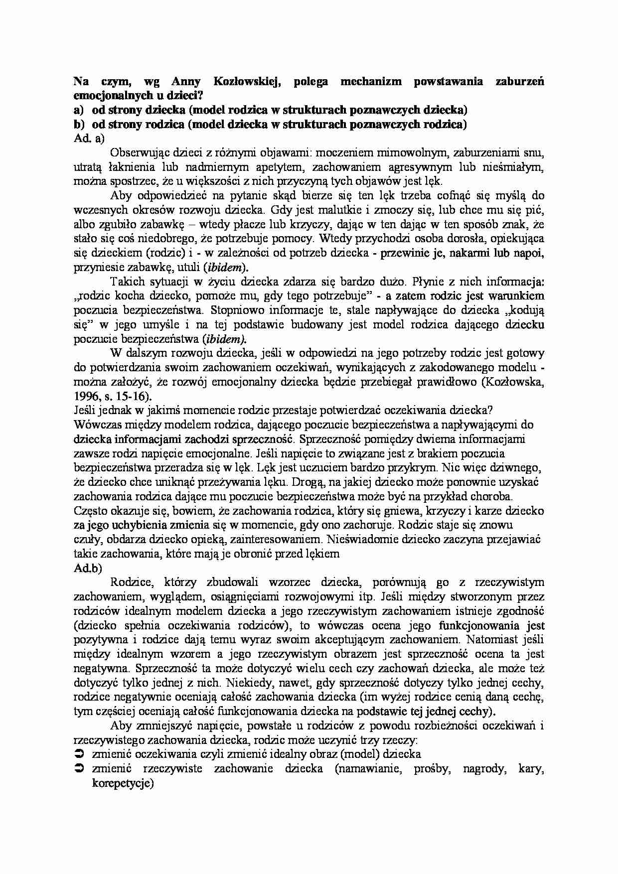 Mechanizm powstawania zaburzeń emocjonalnych u dziecii wg Anny Kozłowskiej - strona 1