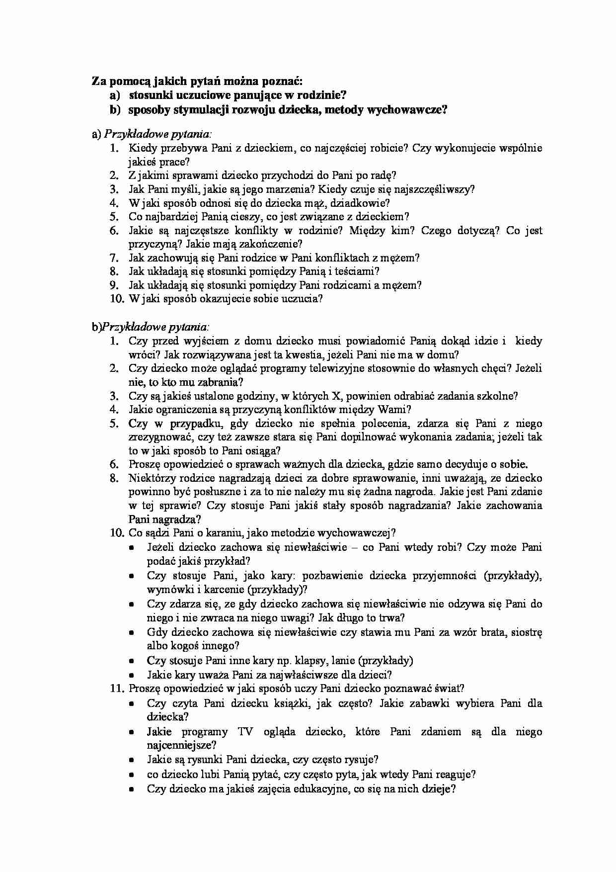 Przykładowe pytania poznające stosunki uczuciowe w rodzinie oraz sposoby stymulacji rozwoju dziecka - strona 1
