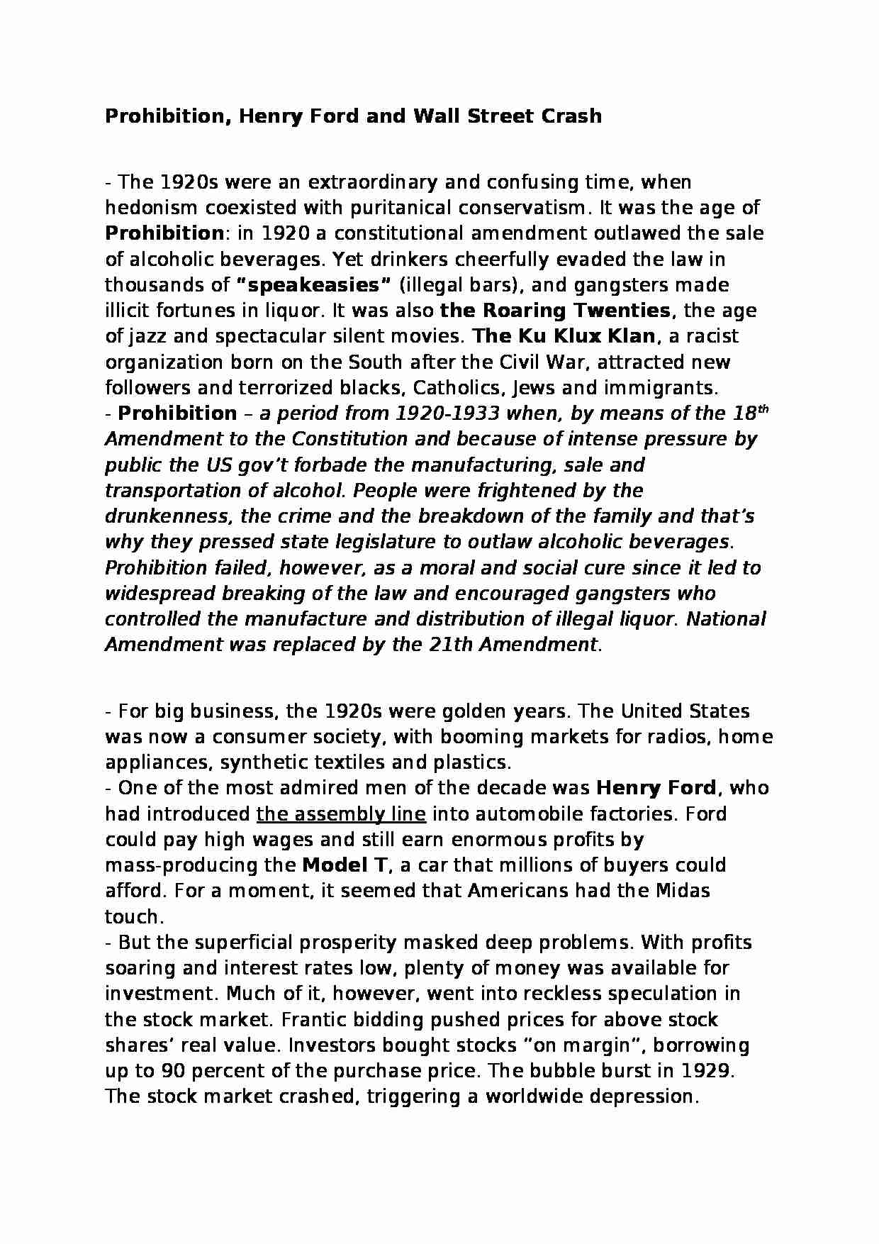 Prohibition, Henry Ford and Wall Street Crash - strona 1
