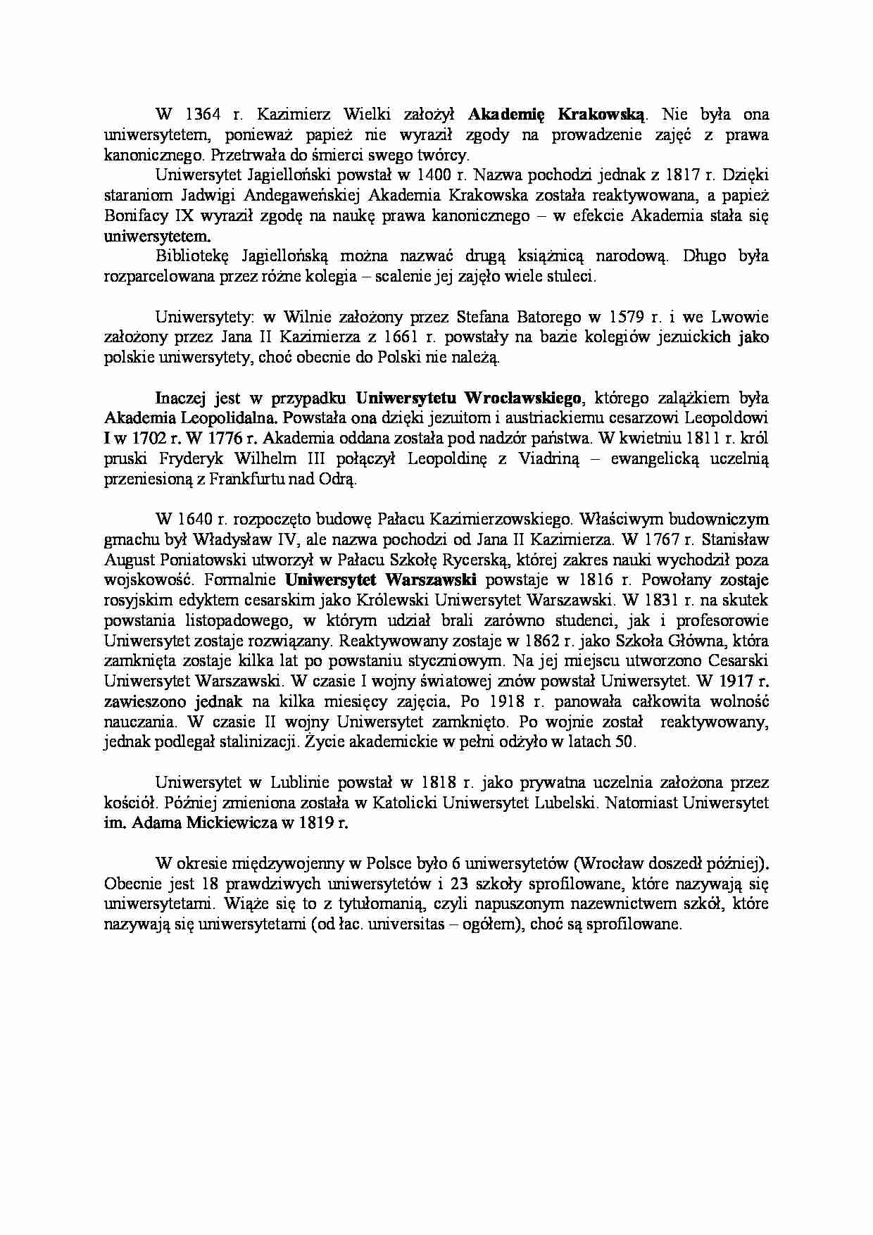 Bibliotece i informacji, Dzieje uniwersytetów w Polsce. - strona 1