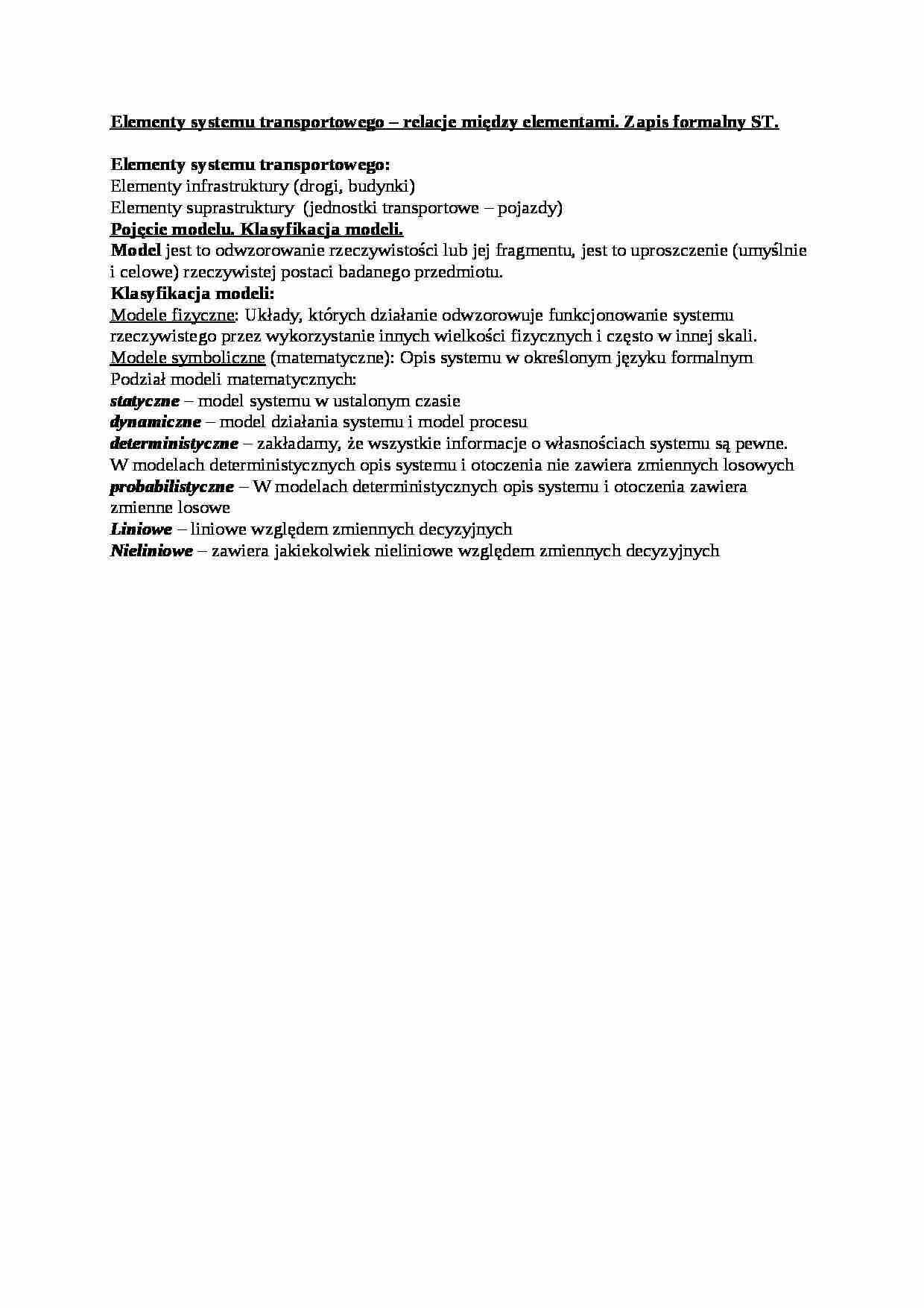 Elementy systemu transportowego - relacje między elementami. - wykład - strona 1
