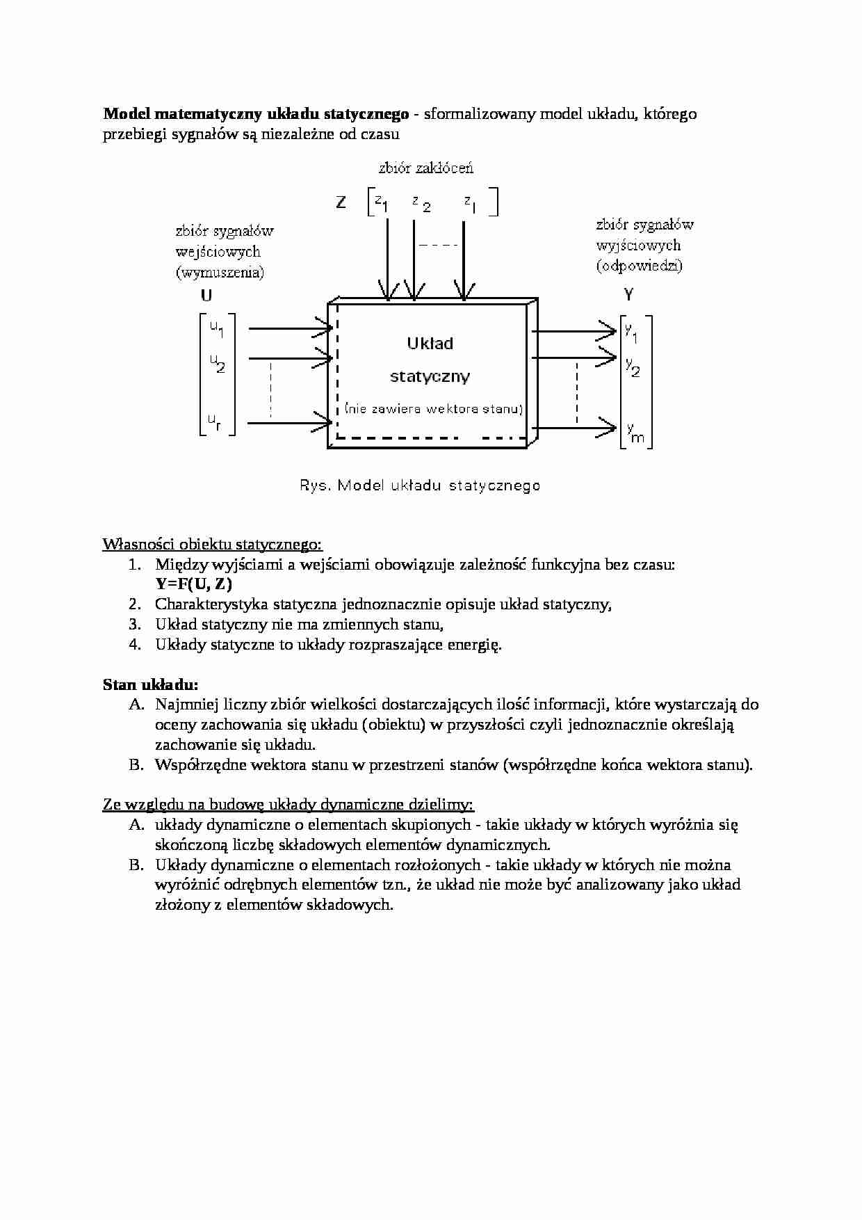 Model matematyczny układu statycznego - wykład - strona 1