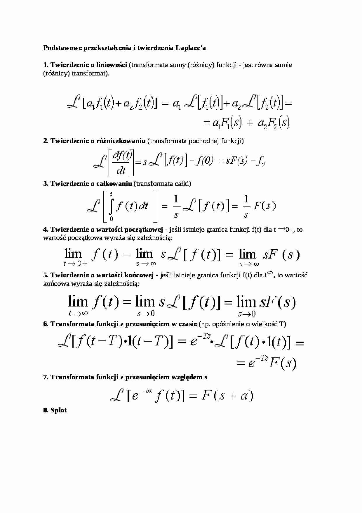 Podstawowe przekształcenia i twierdzenia Laplace - wykład - strona 1