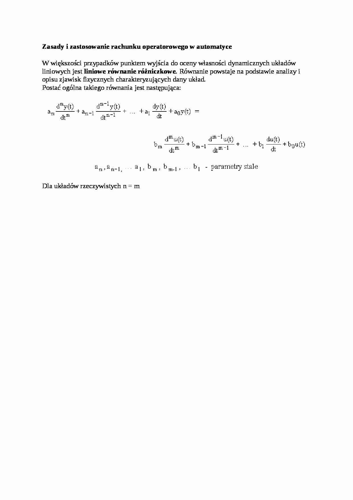 Zasady i zastosowanie rachunku operatorowego w automatyce - opracowanie - strona 1
