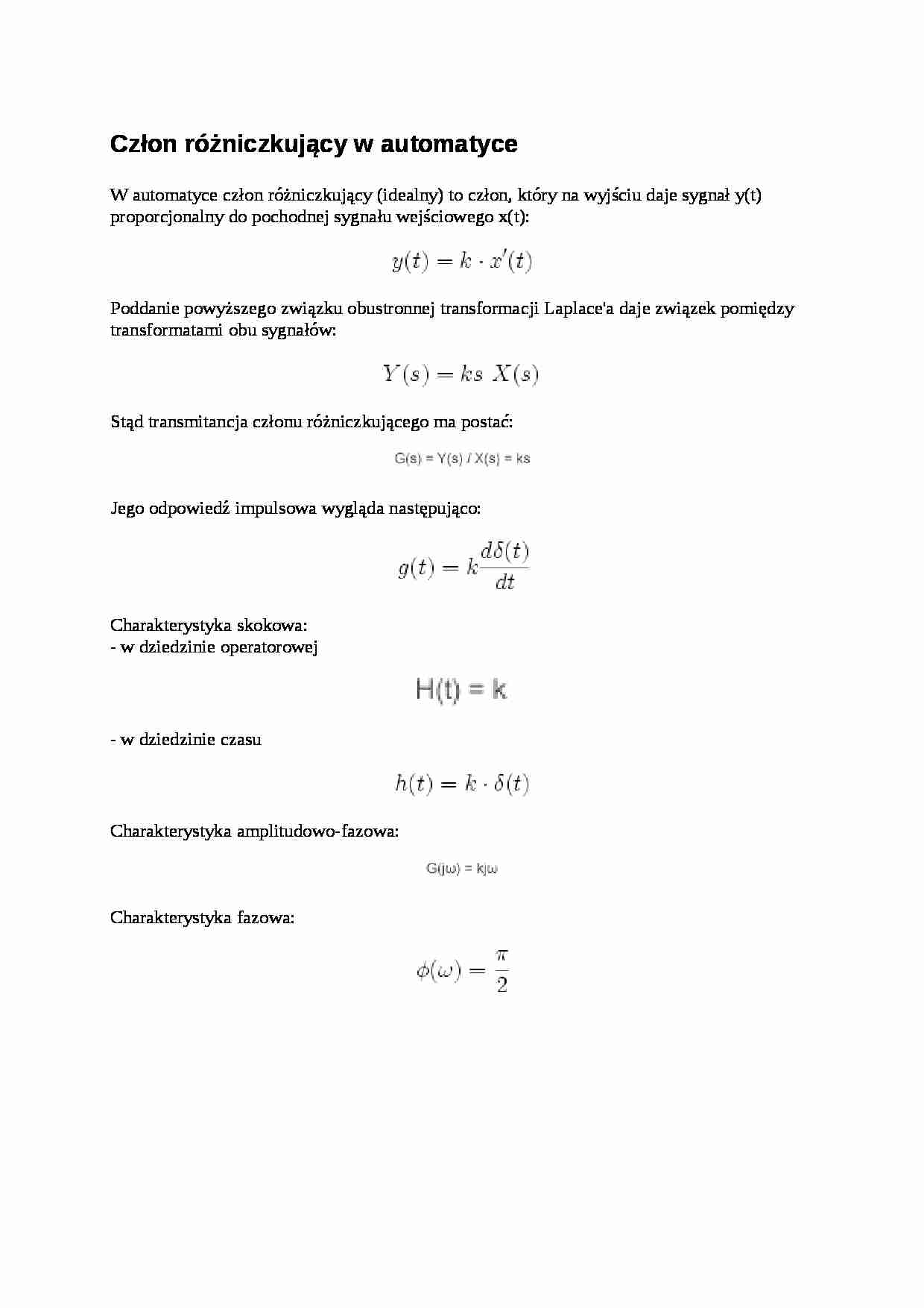 Człon różniczkujący w automatyce - wykład - strona 1