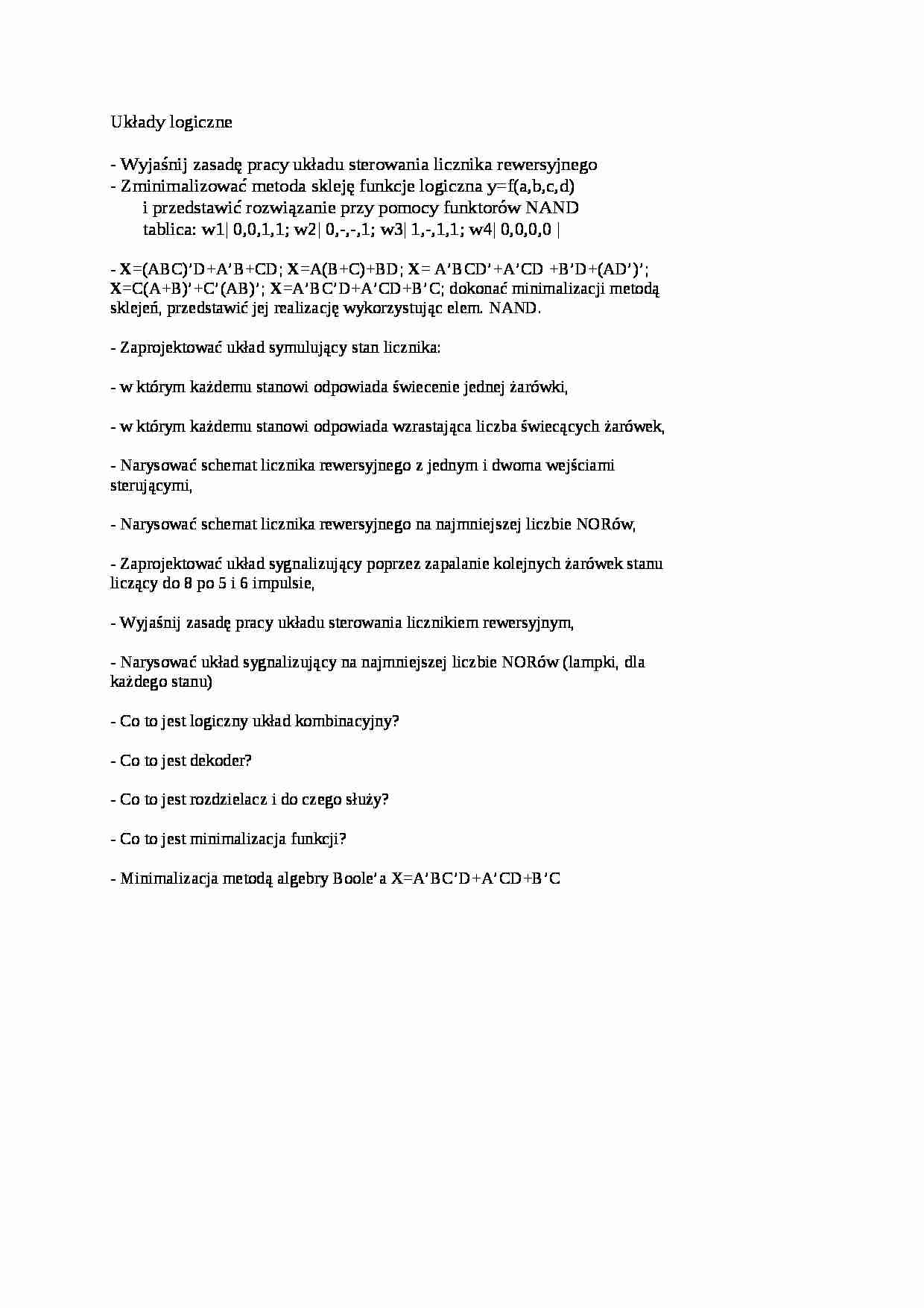 Układy logiczne - pytania na egzamin - strona 1
