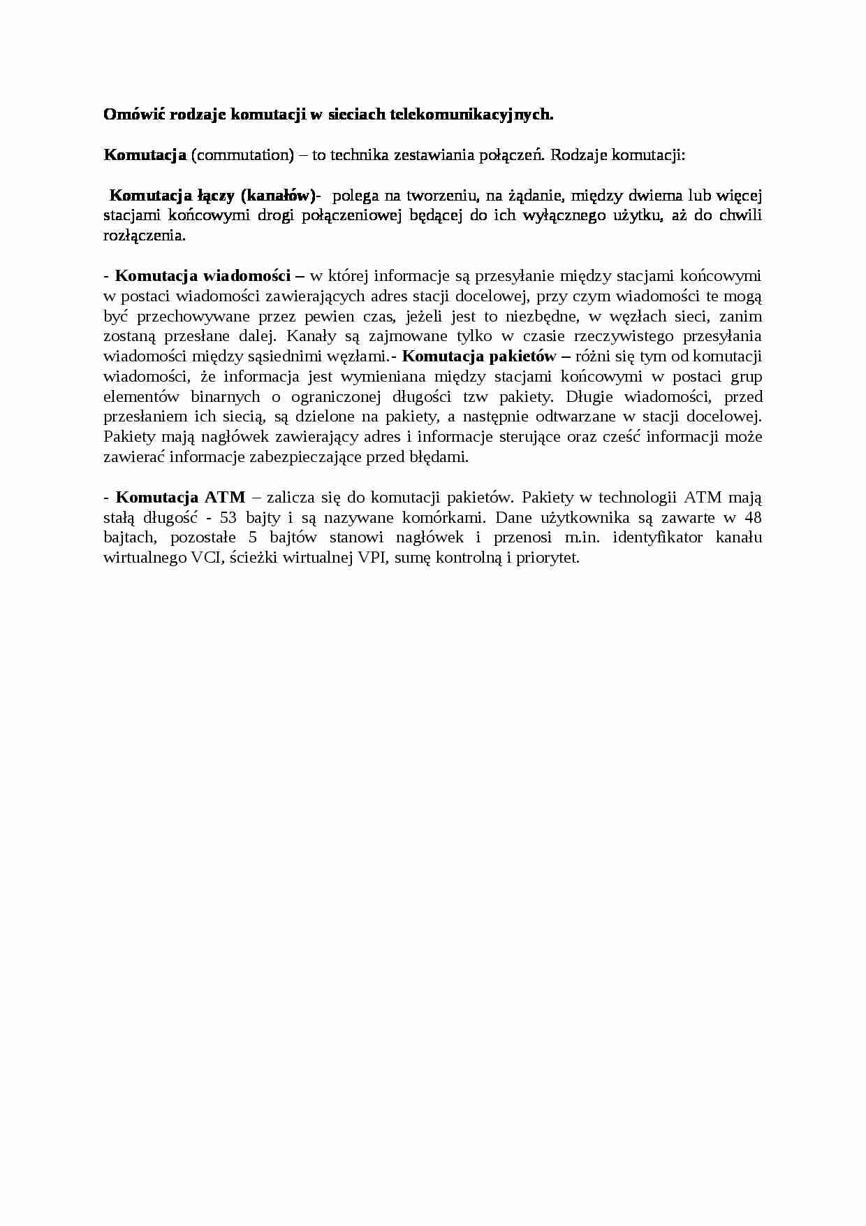 Wykład - rodzaje komutacji w sieciach telekomunikacyjnych - strona 1