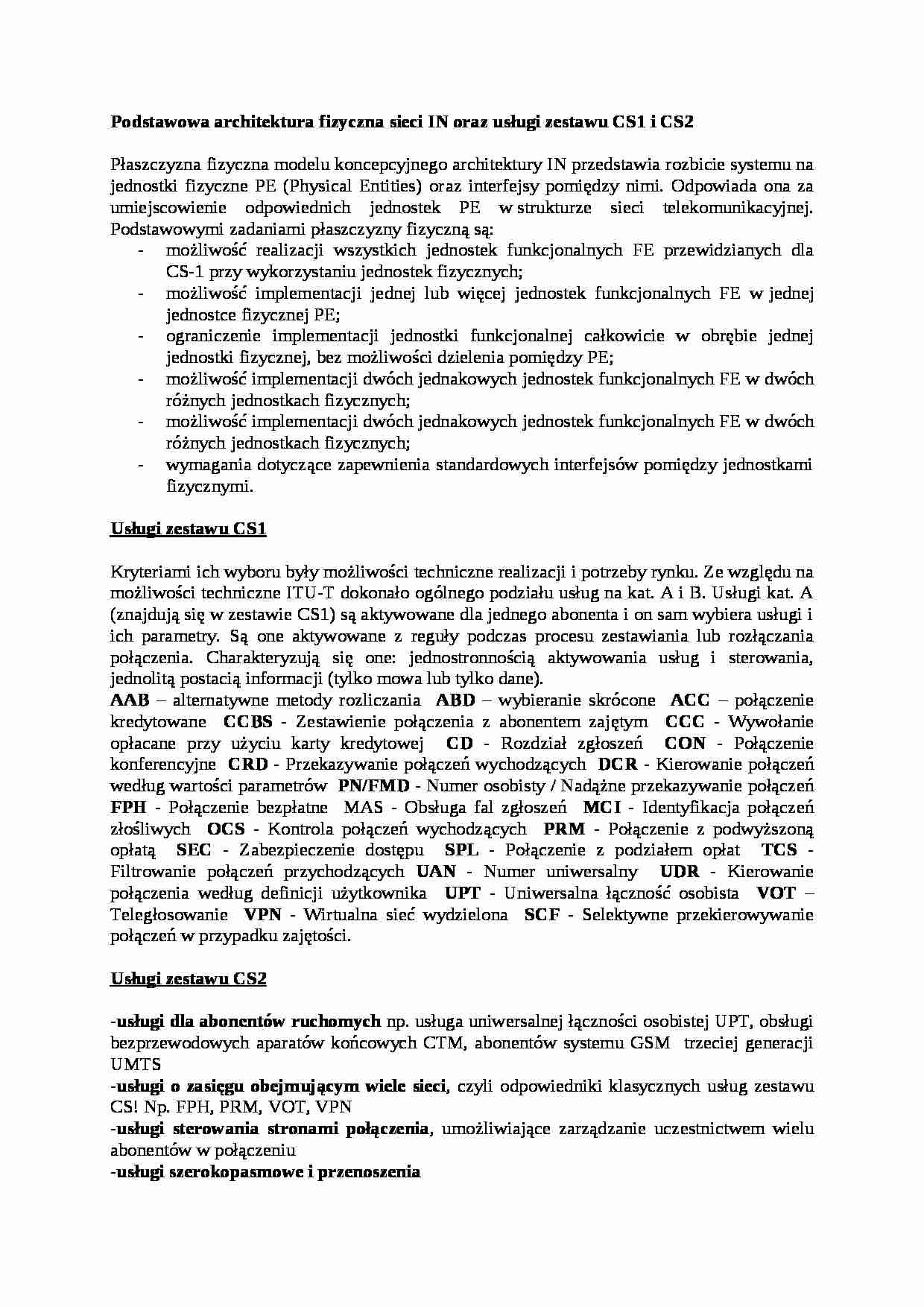 Podstawowa architektura fizyczna sieci IN - wykład - strona 1