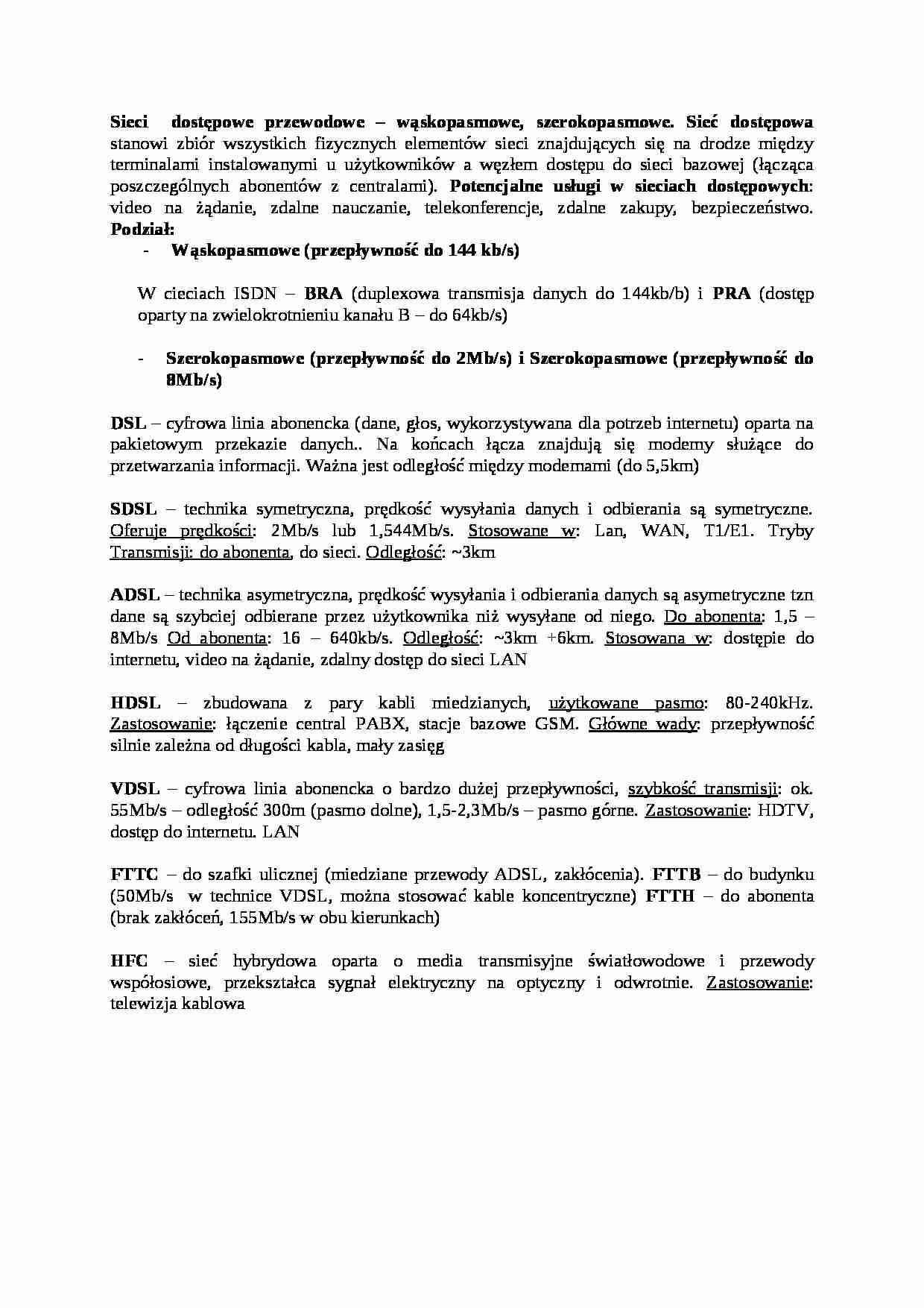 Sieci  dostępowe przewodowe - wykład - strona 1