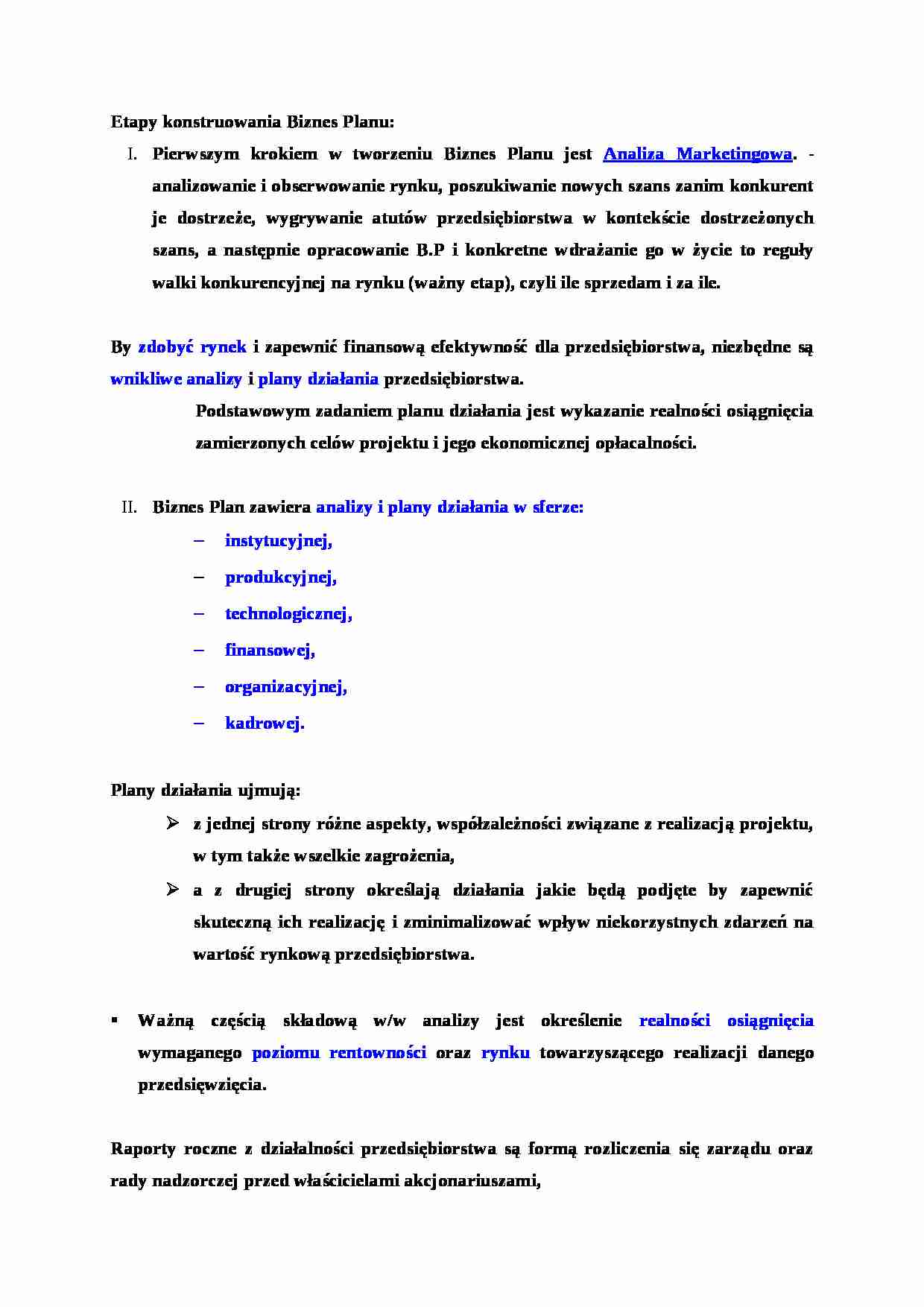 Etapy konstruowania Biznes Planu - wykład - strona 1