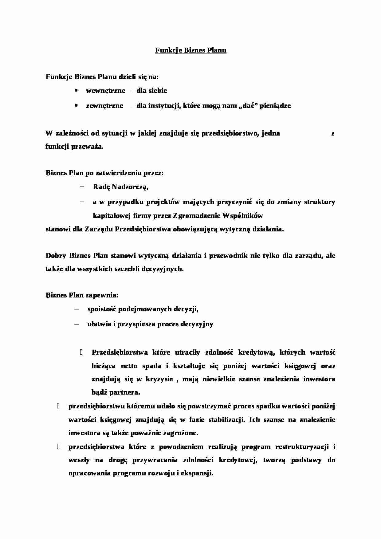 Funkcje Biznes Planu - wykład - strona 1