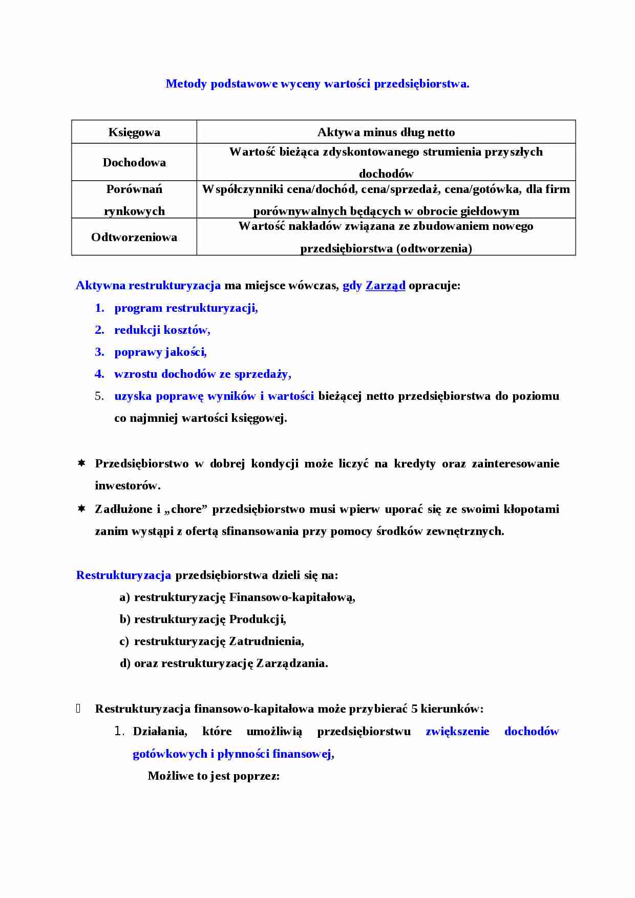Metody podstawowe wyceny wartości przedsiębiorstwa - wykład - strona 1