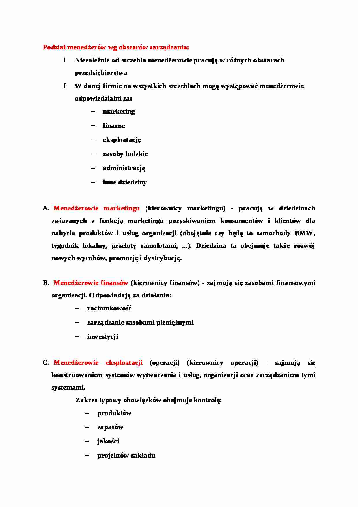 Podział menedżerów według obszarów zarządzania - wykład - strona 1