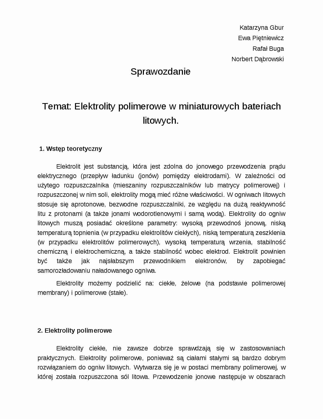 Elektrolity polimerowe w miniaturowych bateriach litowych-sprawozdanie - strona 1