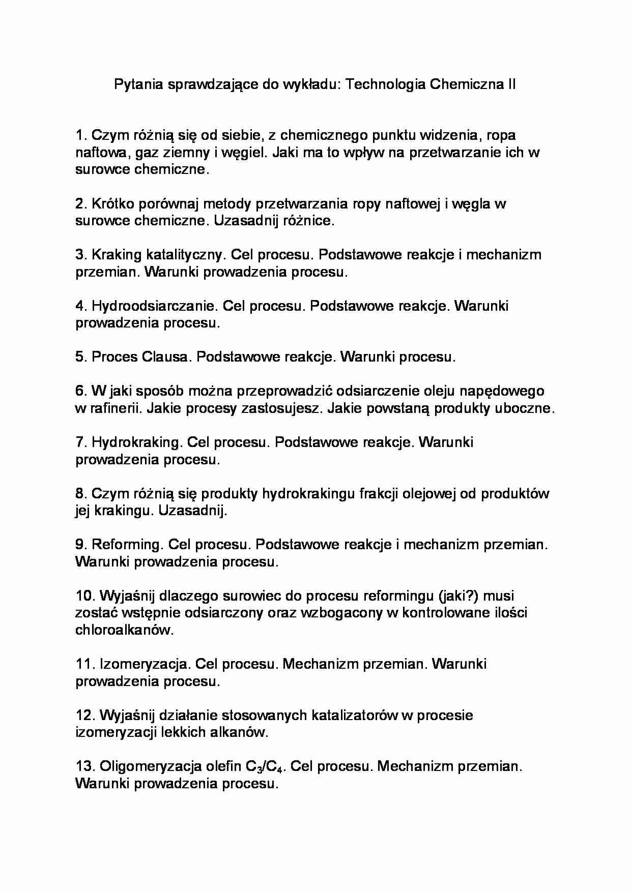 Pytania sprawdzające do wykładu Technologia Chemiczna II, sem 6 - strona 1