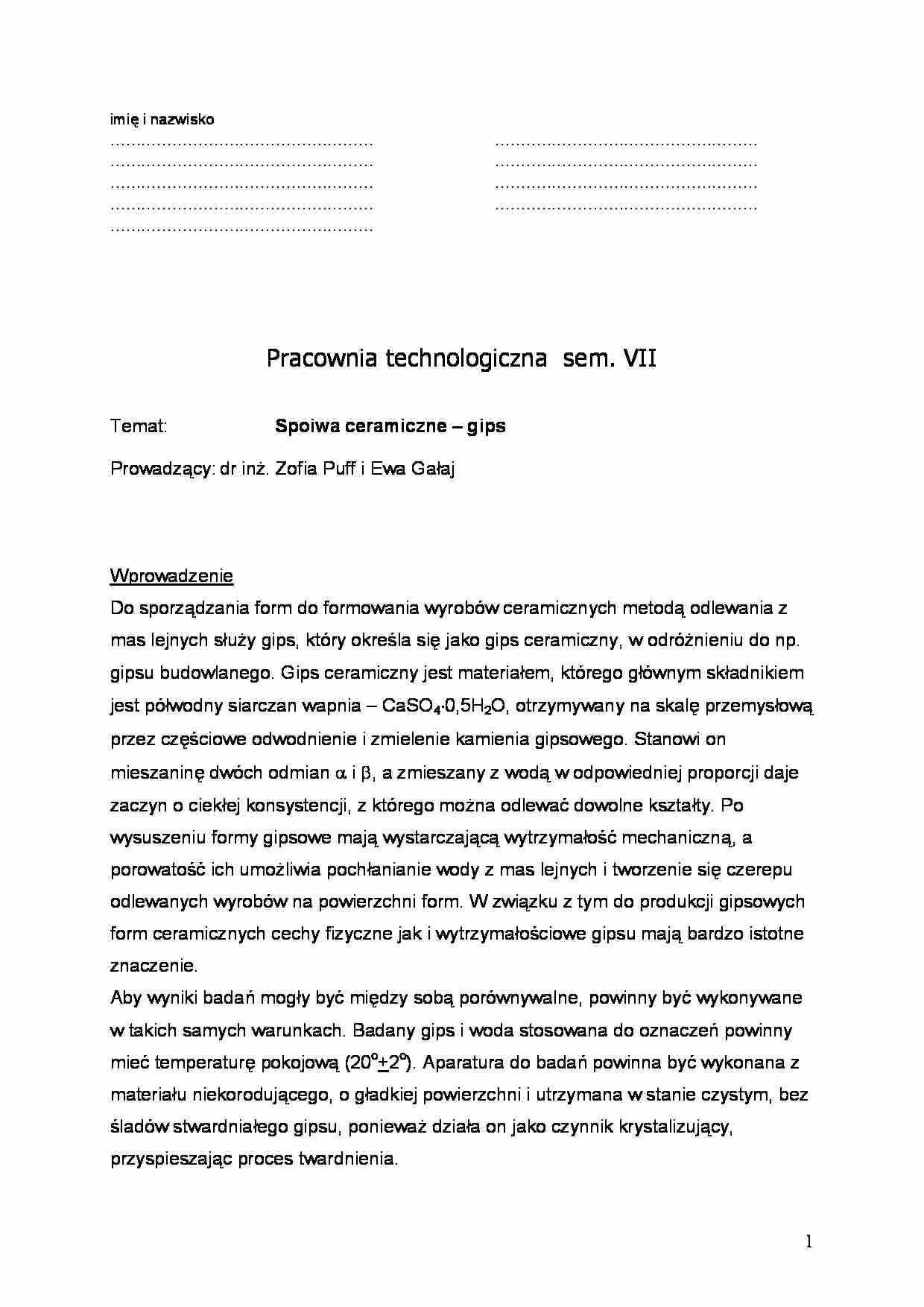  Spoiwa ceramiczne – gips-ćwiczenia - strona 1
