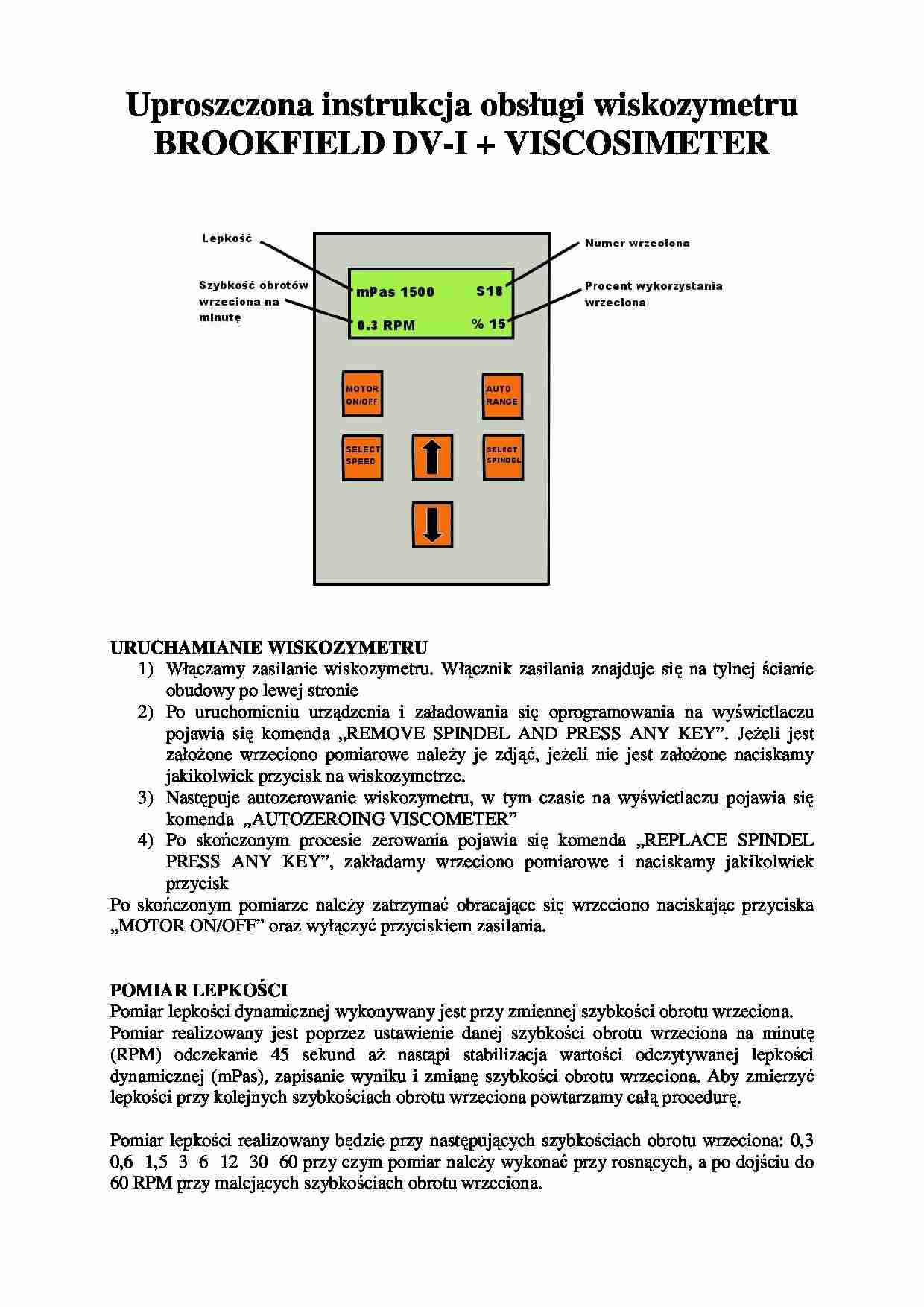 Uproszczona instrukcja obsługi wiskozymetru - strona 1