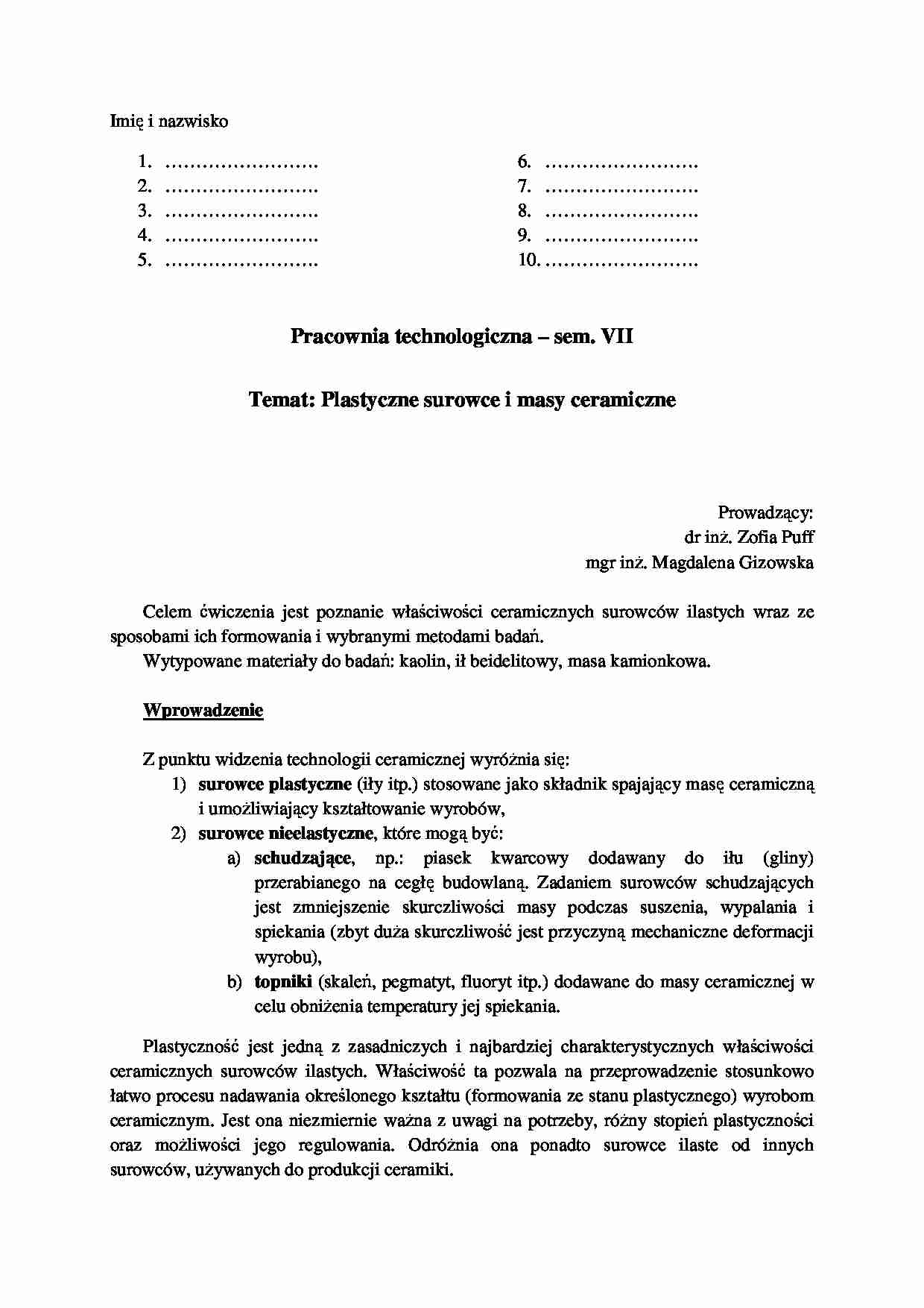 Plastyczne surowce i masy ceramiczne-ćwiczenia - strona 1