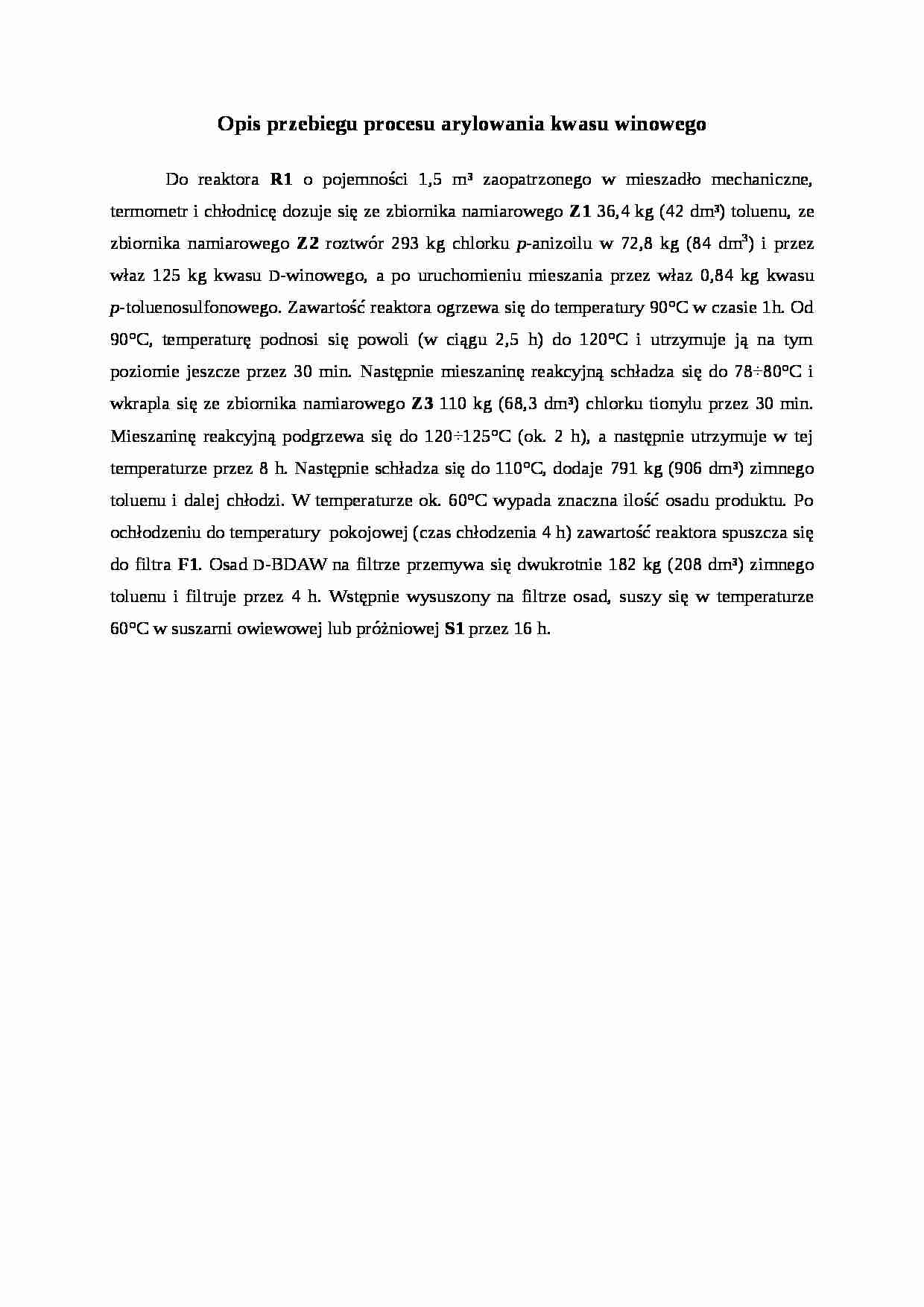 Opis przebiegu procesu arylowania kwasu winowego-opracowanie - strona 1