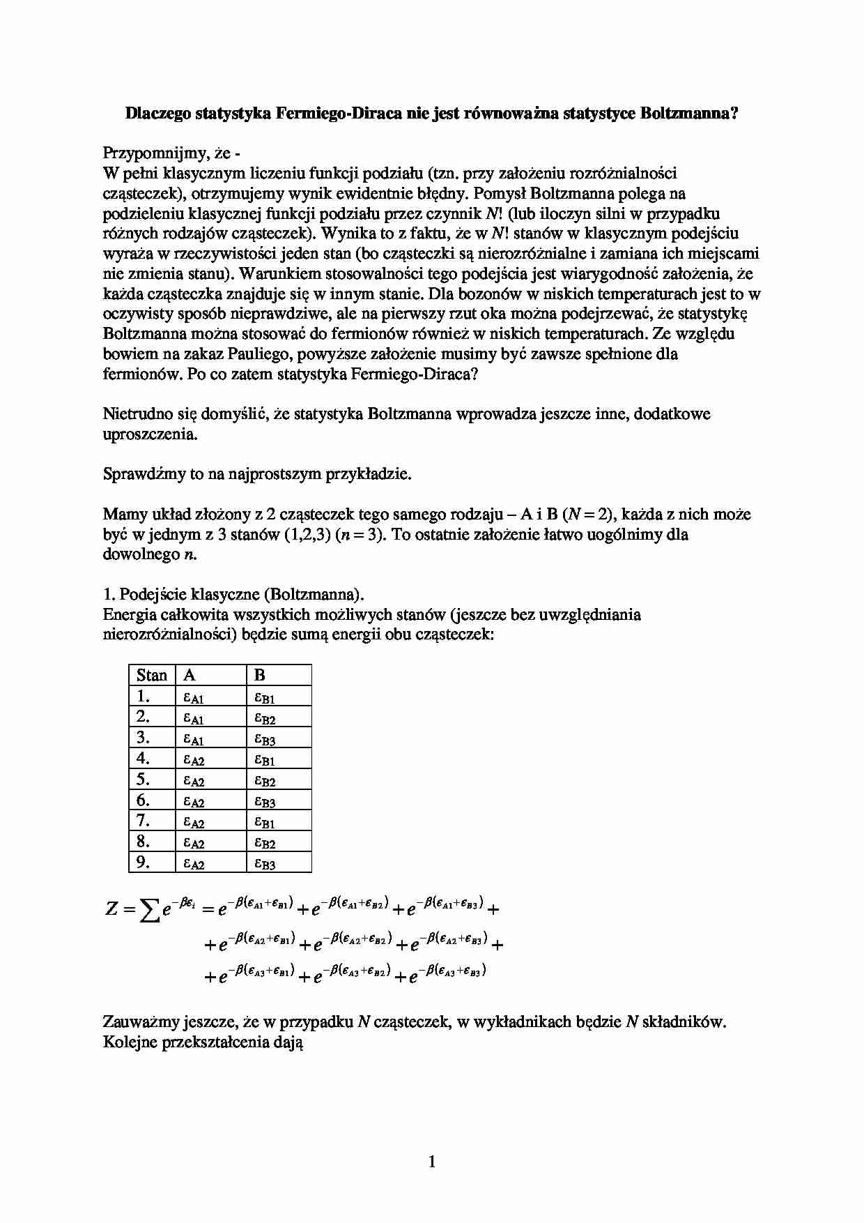 Statystyka Fermiego-Diraca a statystyka Boltzmanna-opracowanie - strona 1