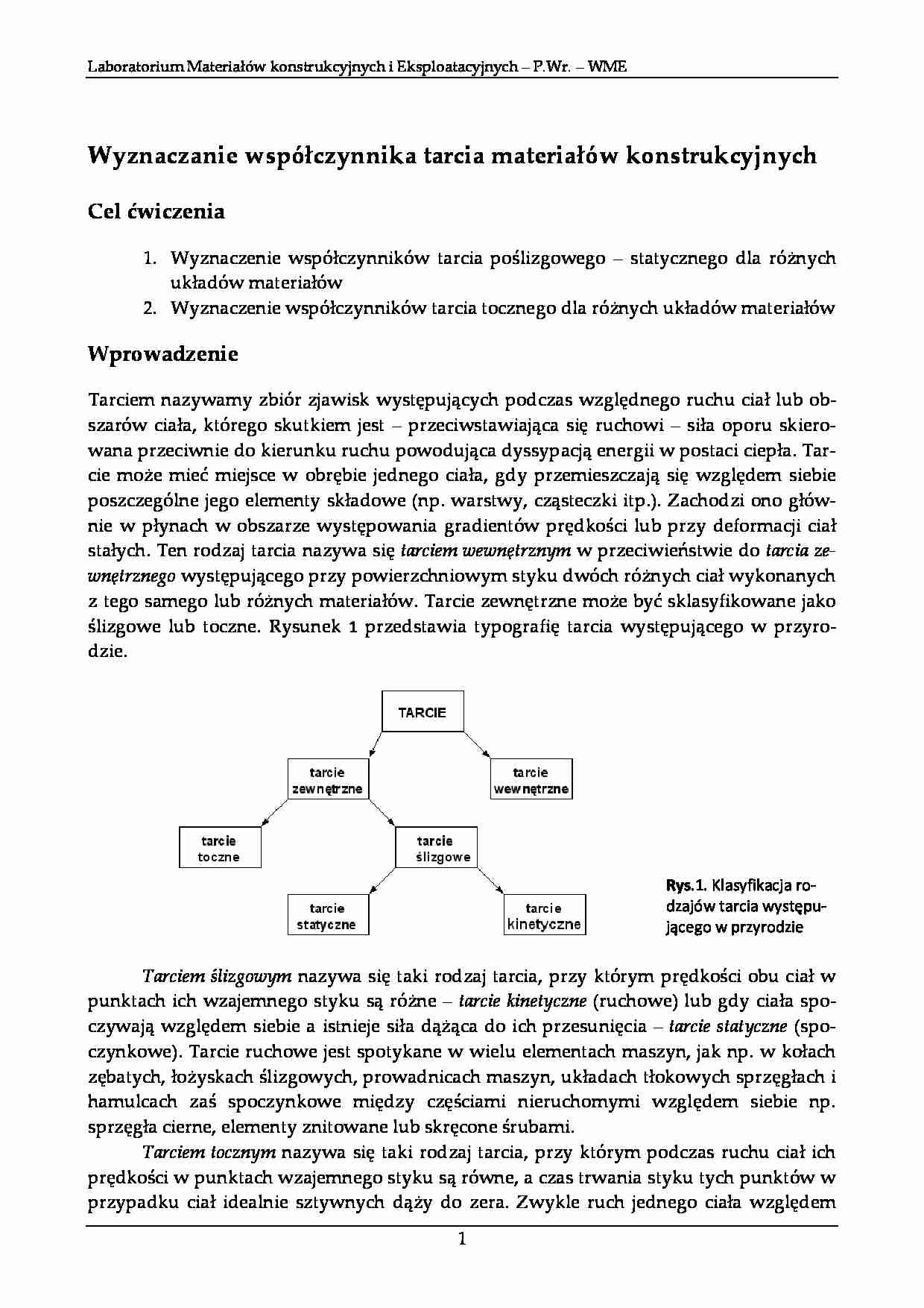 Wyznaczanie współczynnika tarcia materiałów konstrukcyjnych-ćwiczenie - strona 1