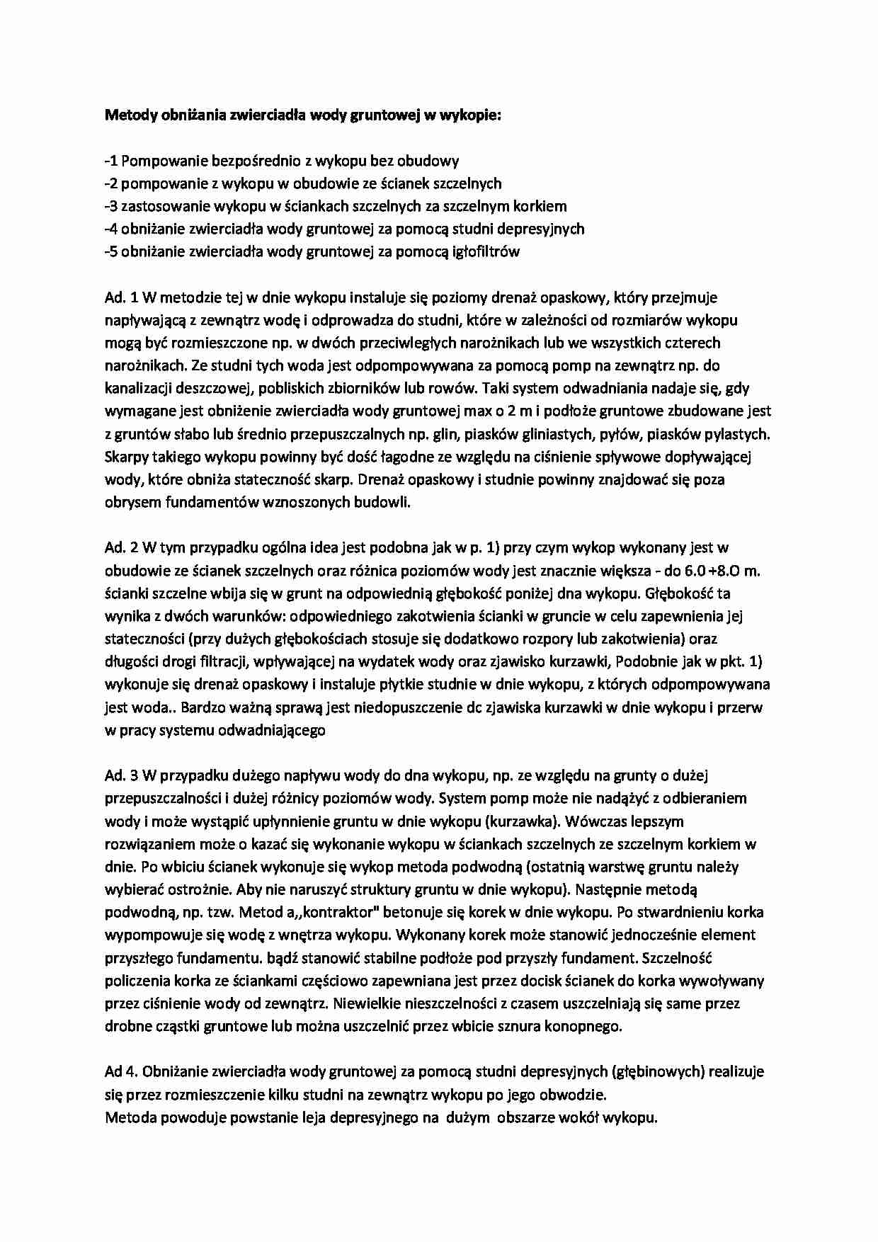Metody obniżania zwierciadła wody gruntowej w wykopie-opracowanie - strona 1