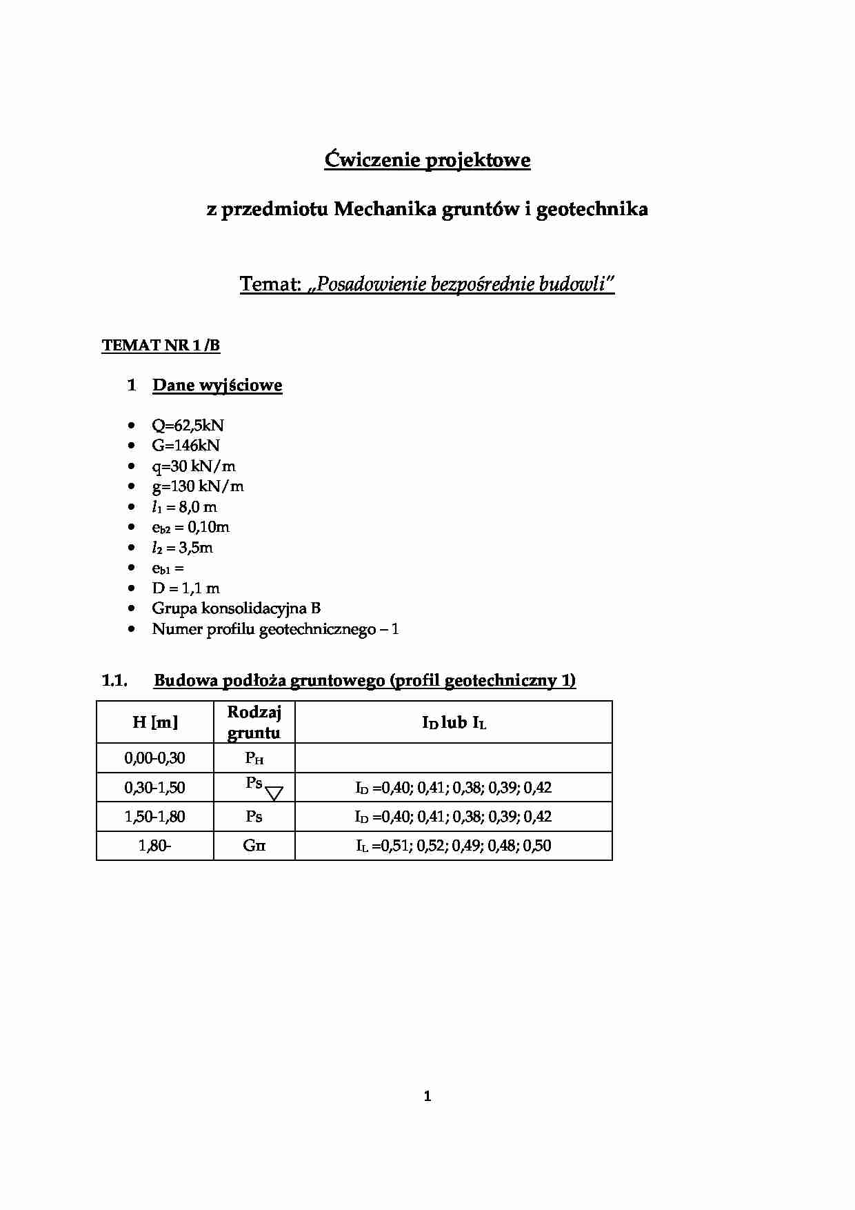 Posadowienia bezpośredniego budowli-projekt - strona 1
