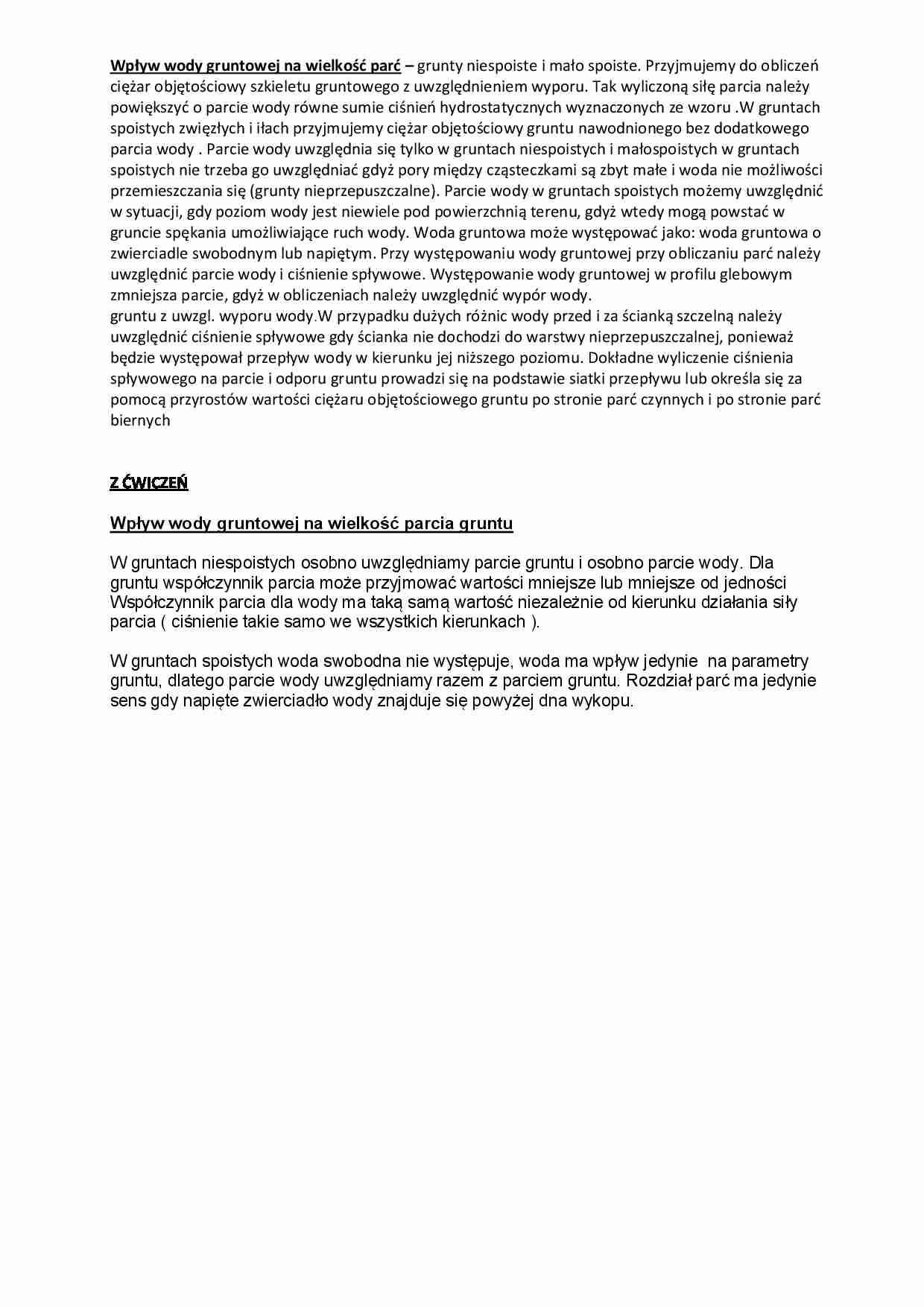 Wpływ wody gruntowej na wielkość parć-opracowanie - strona 1