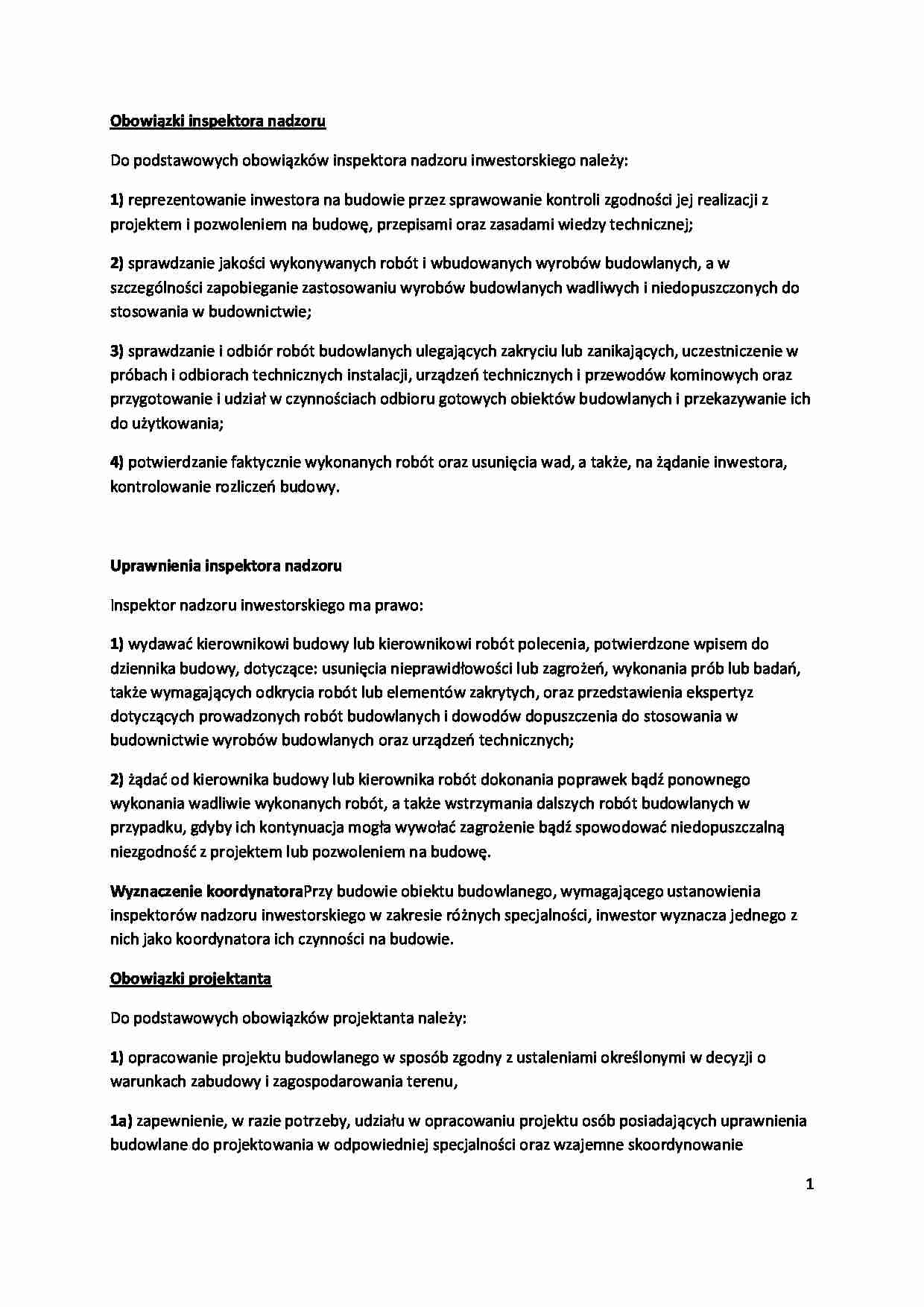 Obowiązki inspektora nadzoru i projektanta-opracowanie - strona 1