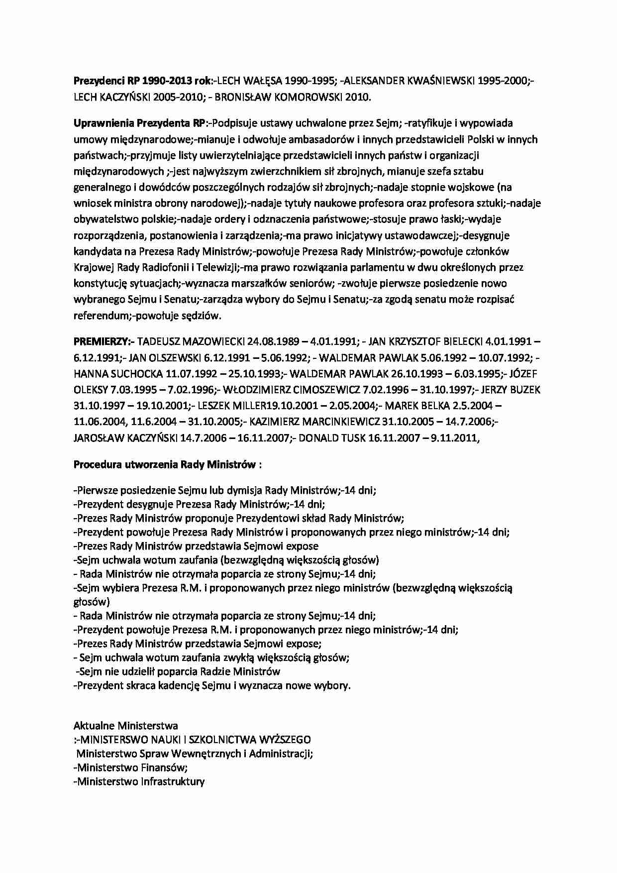 Prezydent i Rada Ministrów, rodzaje ministerstw-opracowanie - strona 1