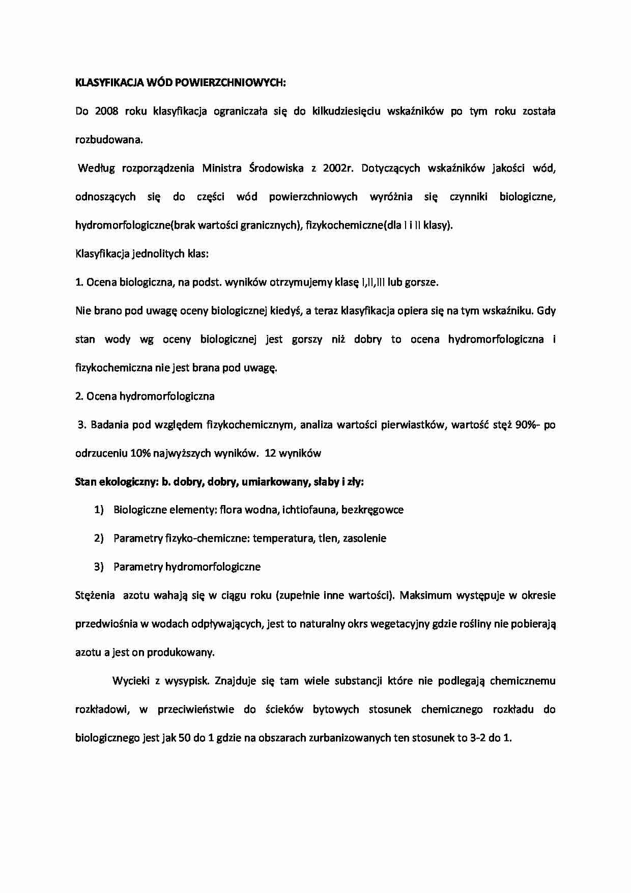 Klasyfikacja wód powierzchniowych-opracowanie - strona 1
