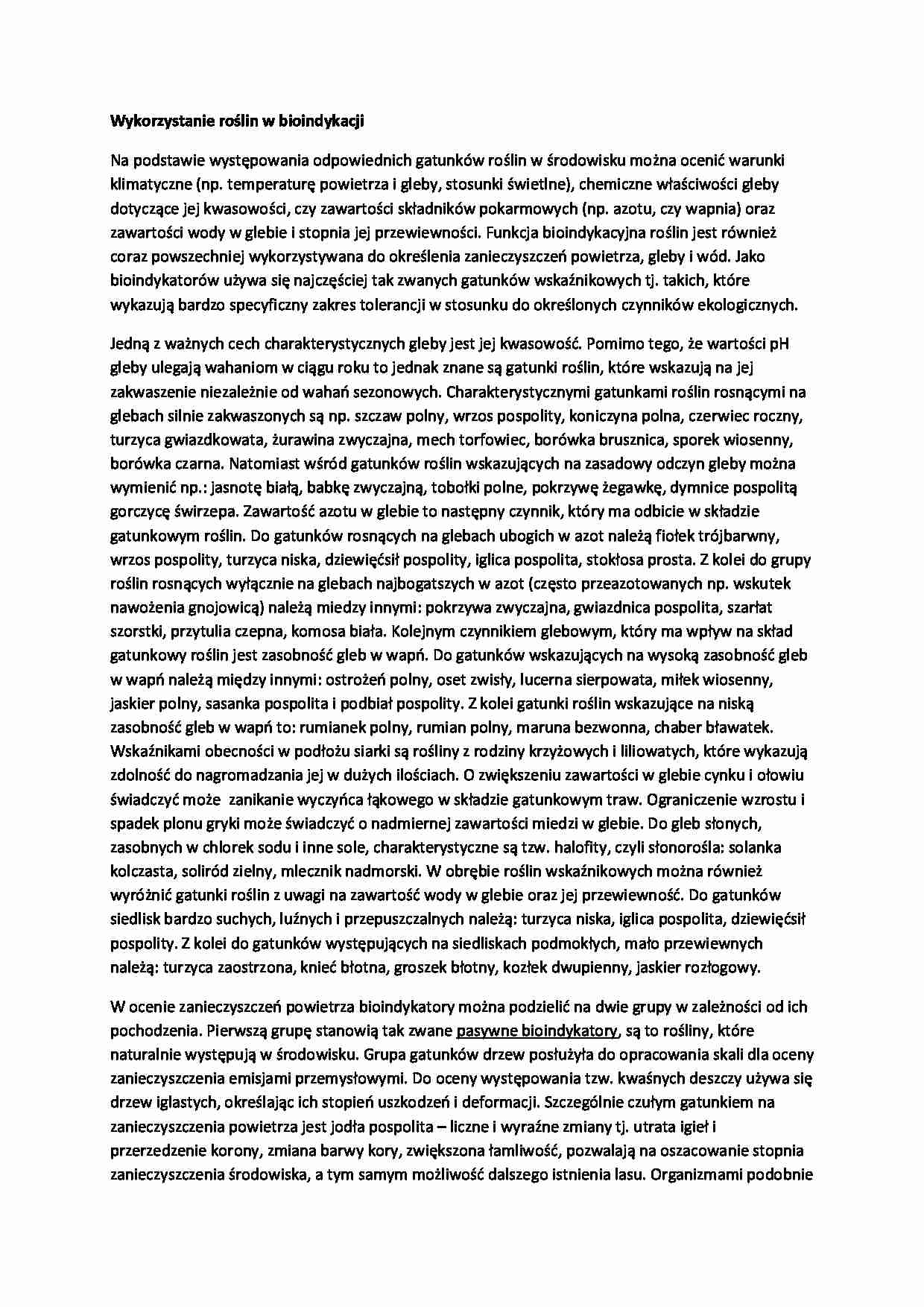Wykorzystanie roślin w bioindykacji-opracowanie - strona 1
