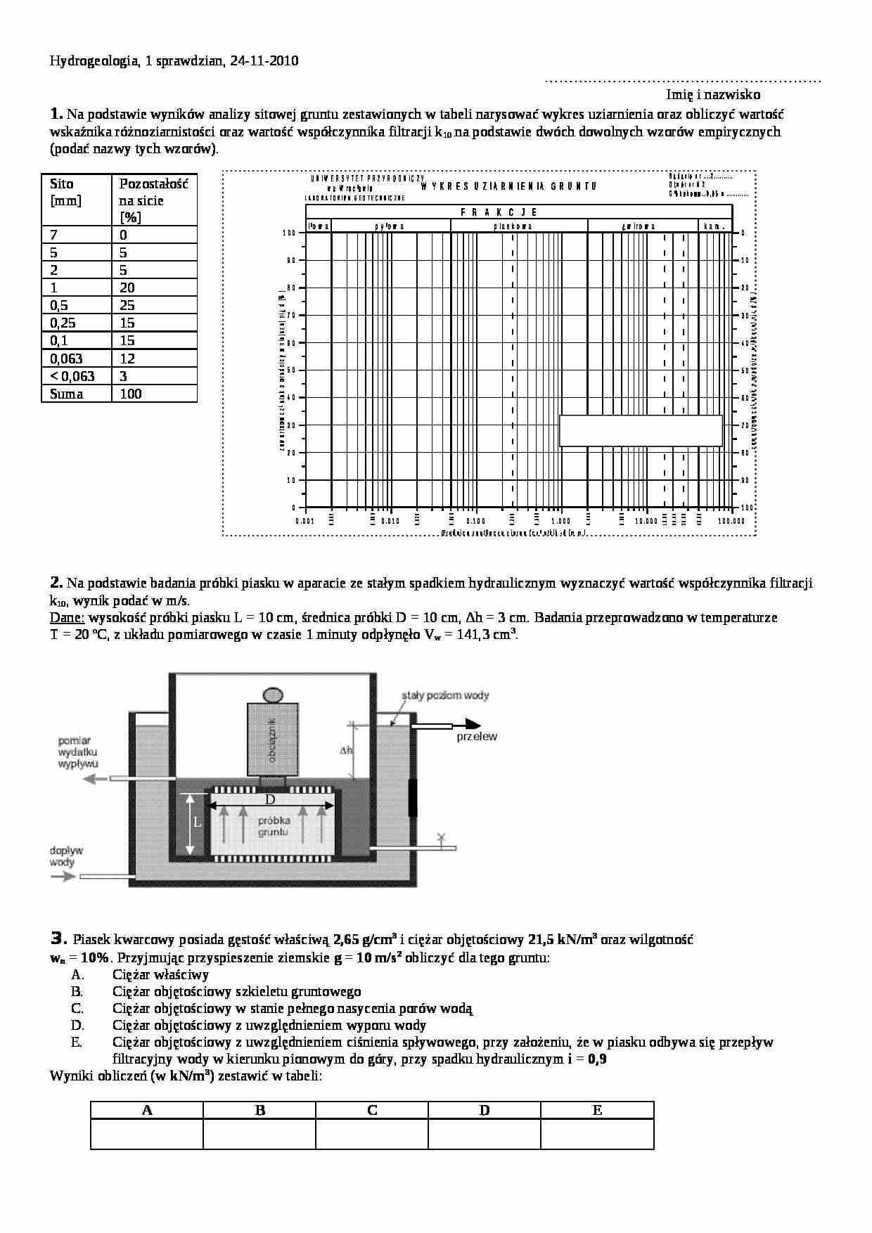 Hydrologia i hydrogeologia-1 sprawdzian 2010 - strona 1