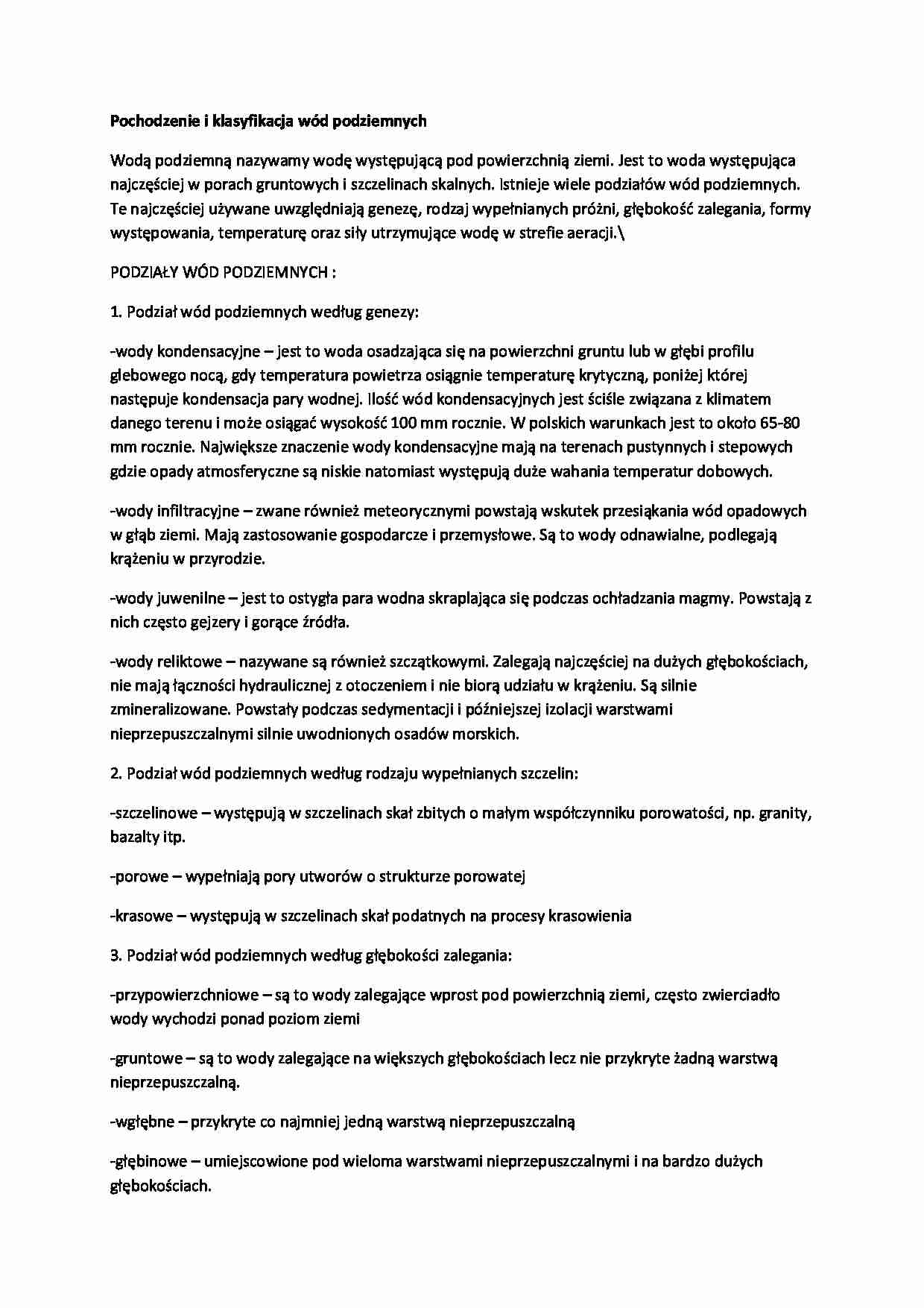 Pochodzenie i klasyfikacja wód podziemnych-opracowanie - strona 1