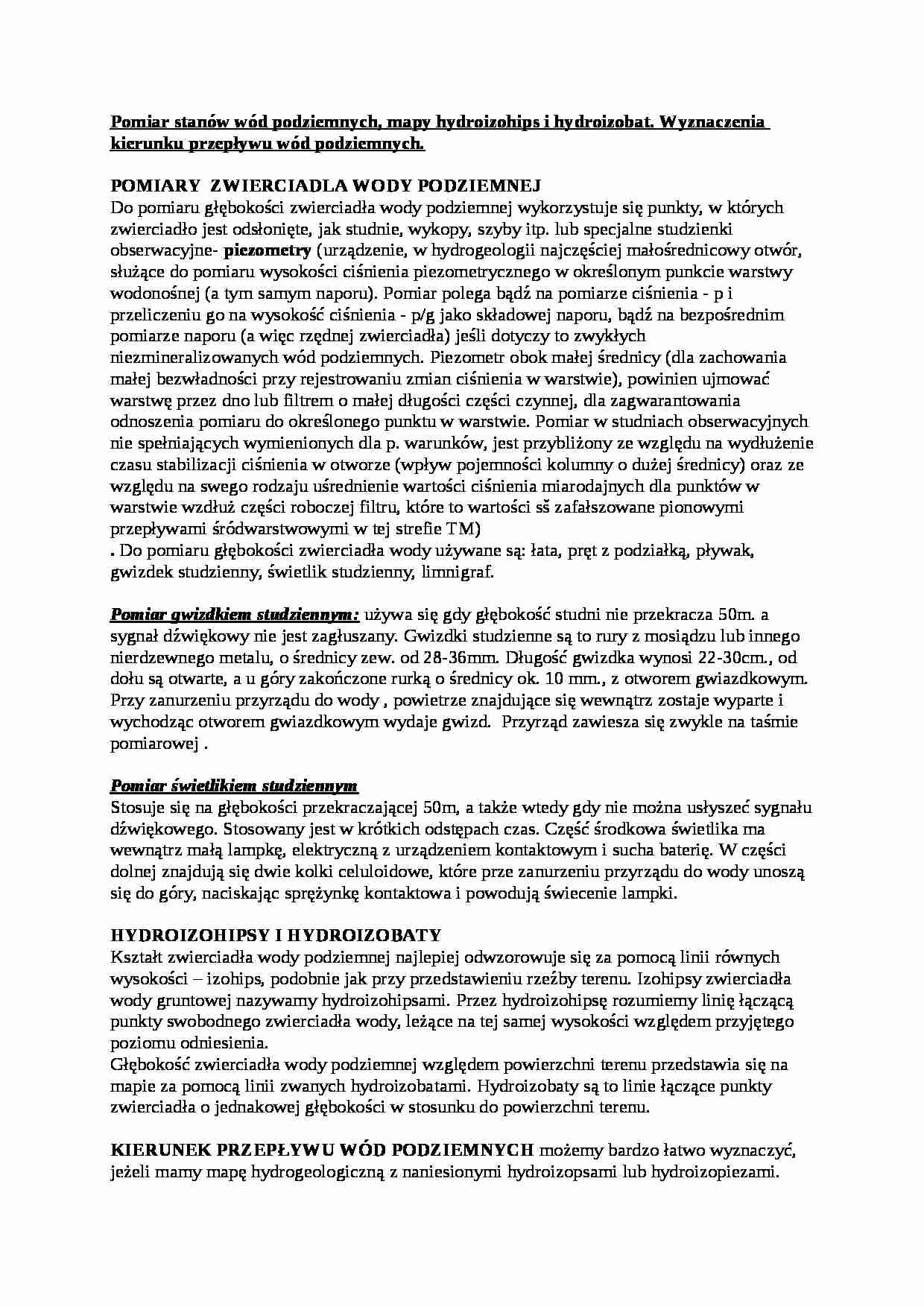 Pomiar stanów wód podziemnych, mapy hydroizohipsy i hydroizobaty -opracowanie - strona 1