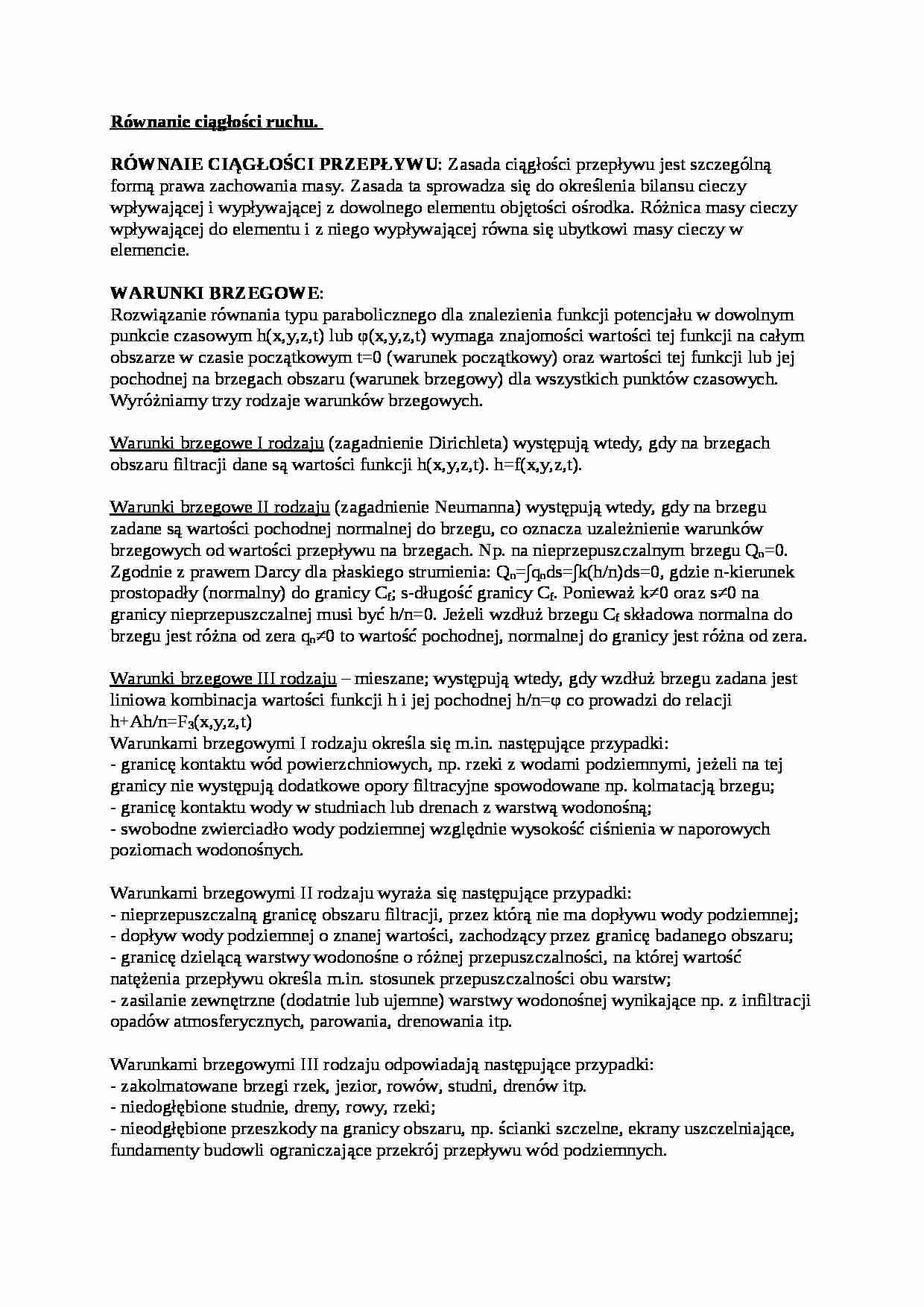 Równanie ciągłości ruchu, warunki brzegowe-opracowanie - strona 1